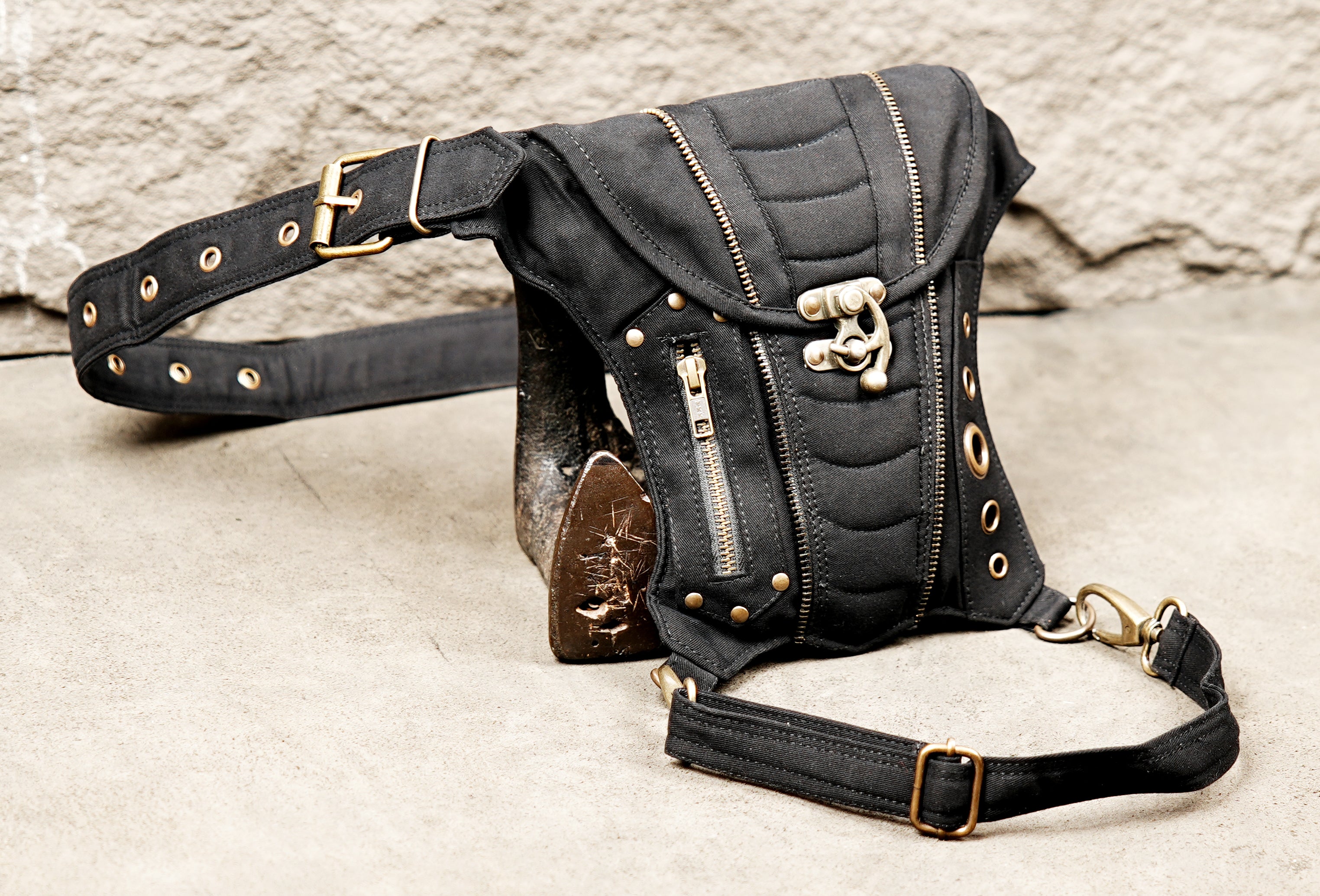 Handmade drop leg utility belt bag for outdoor travel, psytrance raves, and music festivals.