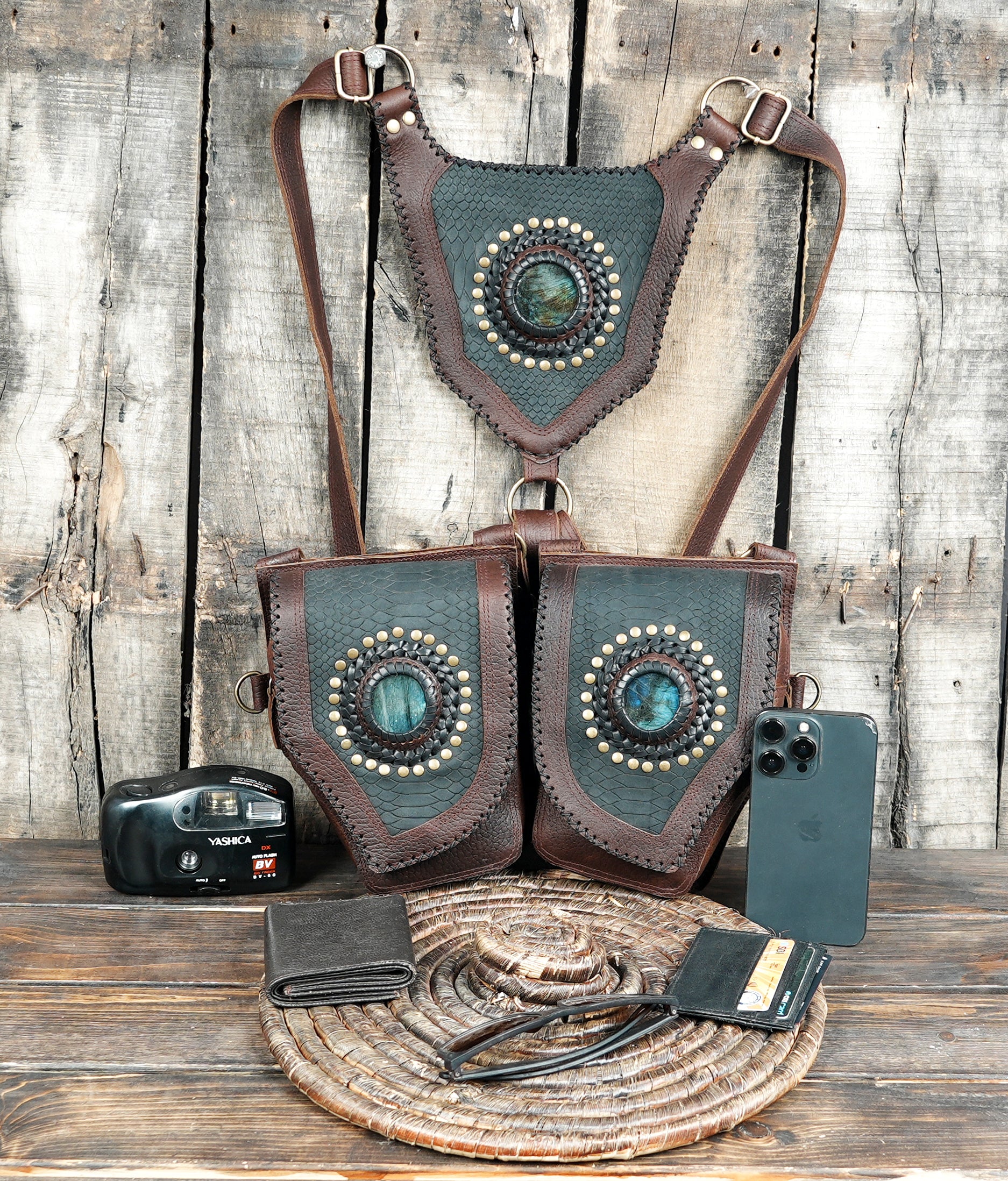 Steampunk style leather holster with natural stone inlay