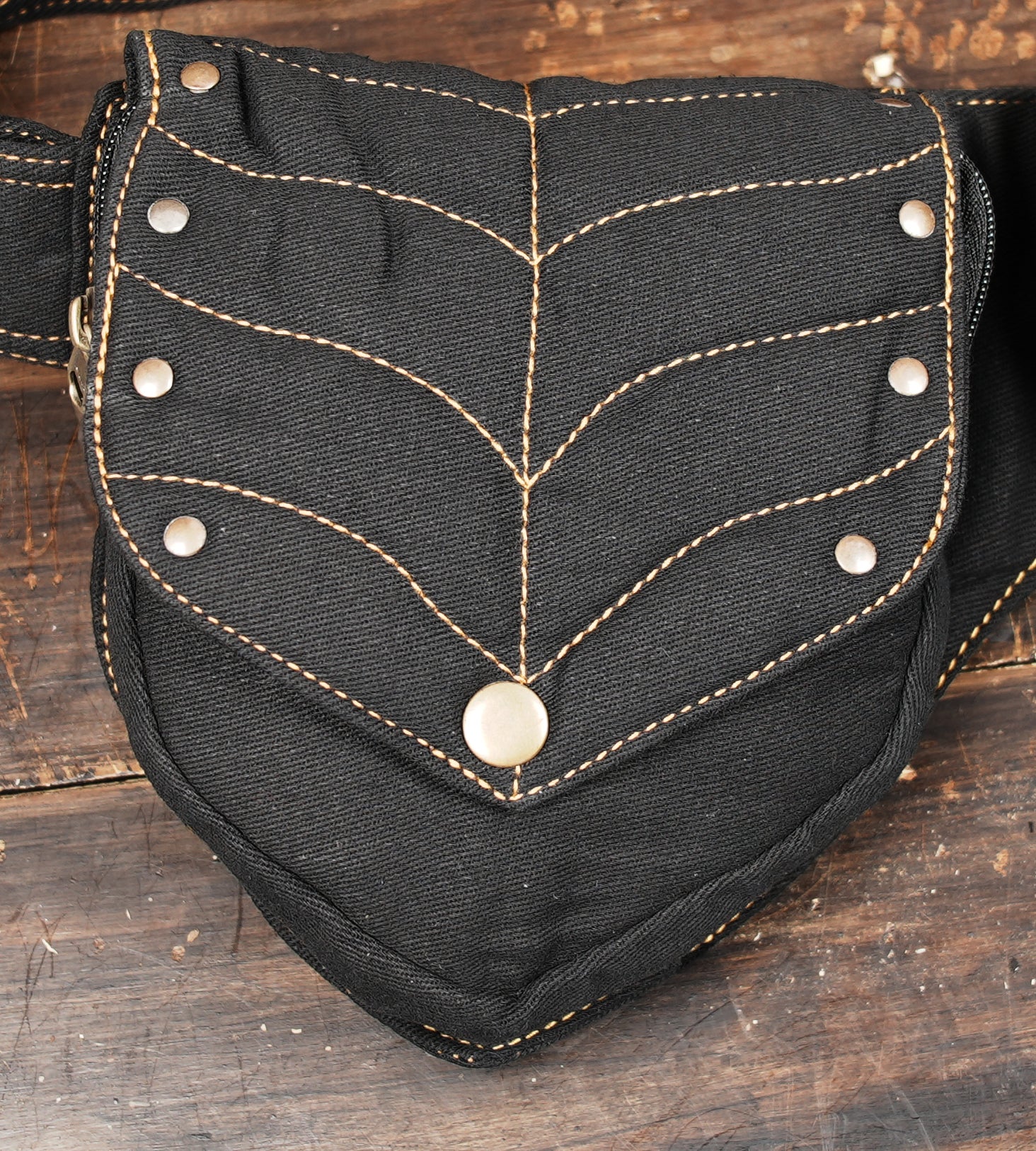Alternative style canvas hip bag for men or women, featuring steampunk-inspired details and gold rivets.