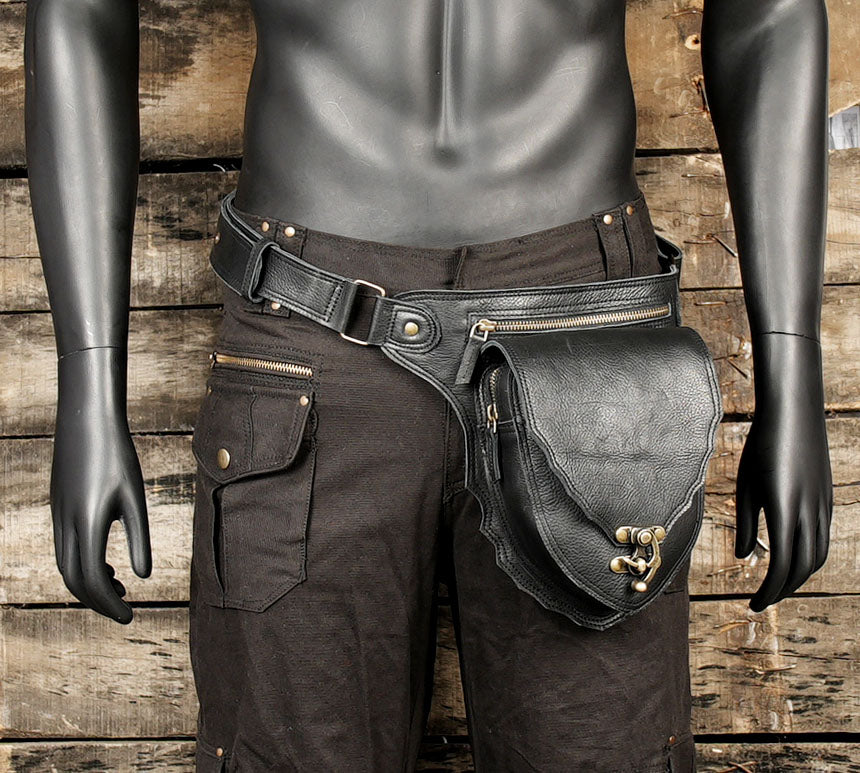Black leather waist pouch belt for men and women