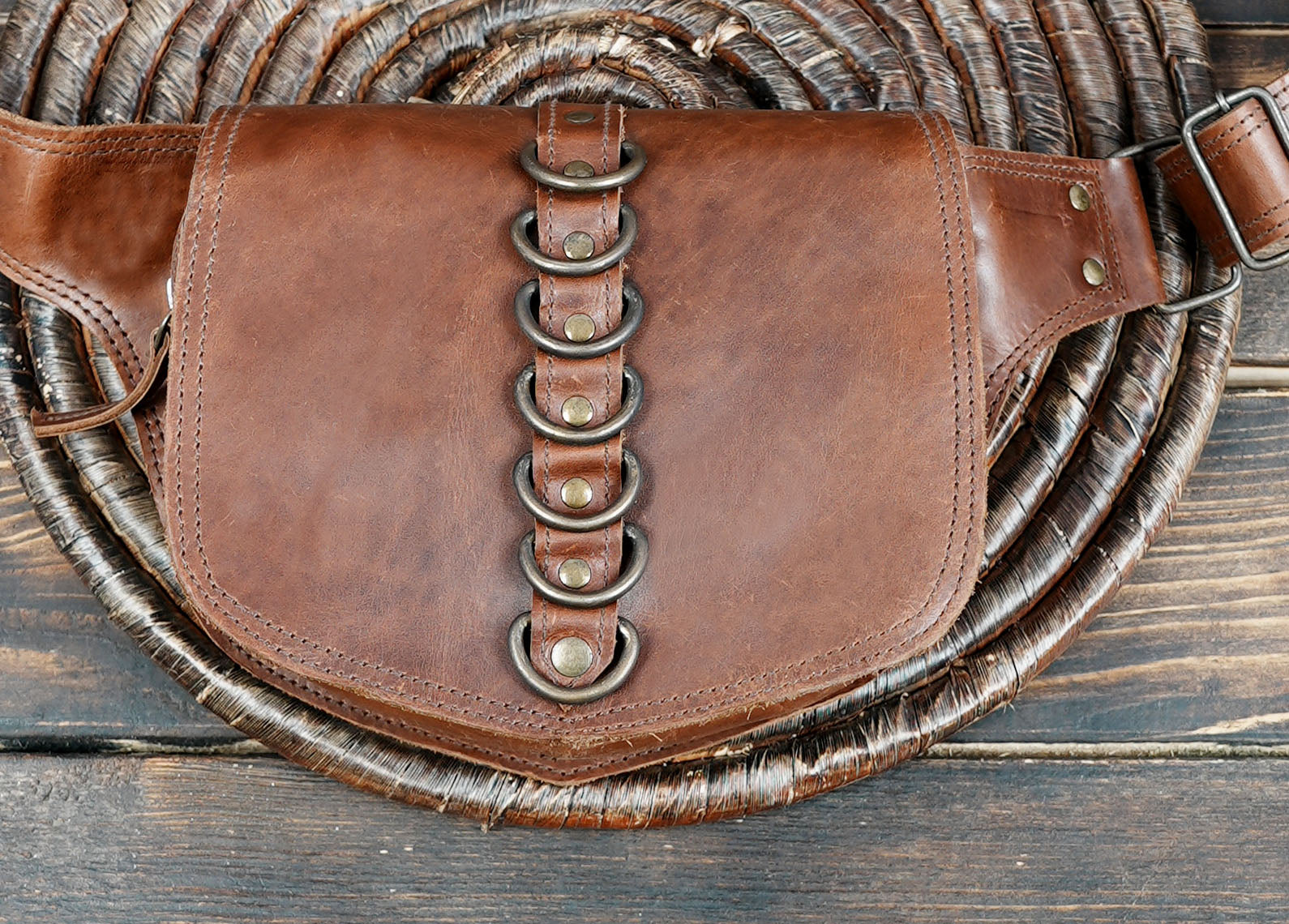 Handmade leather waist belt with artisan craftsmanship