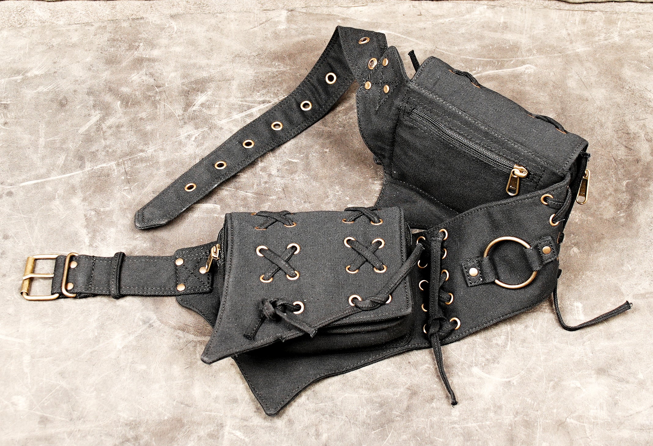 Black cotton festival belt with antique brass hardware