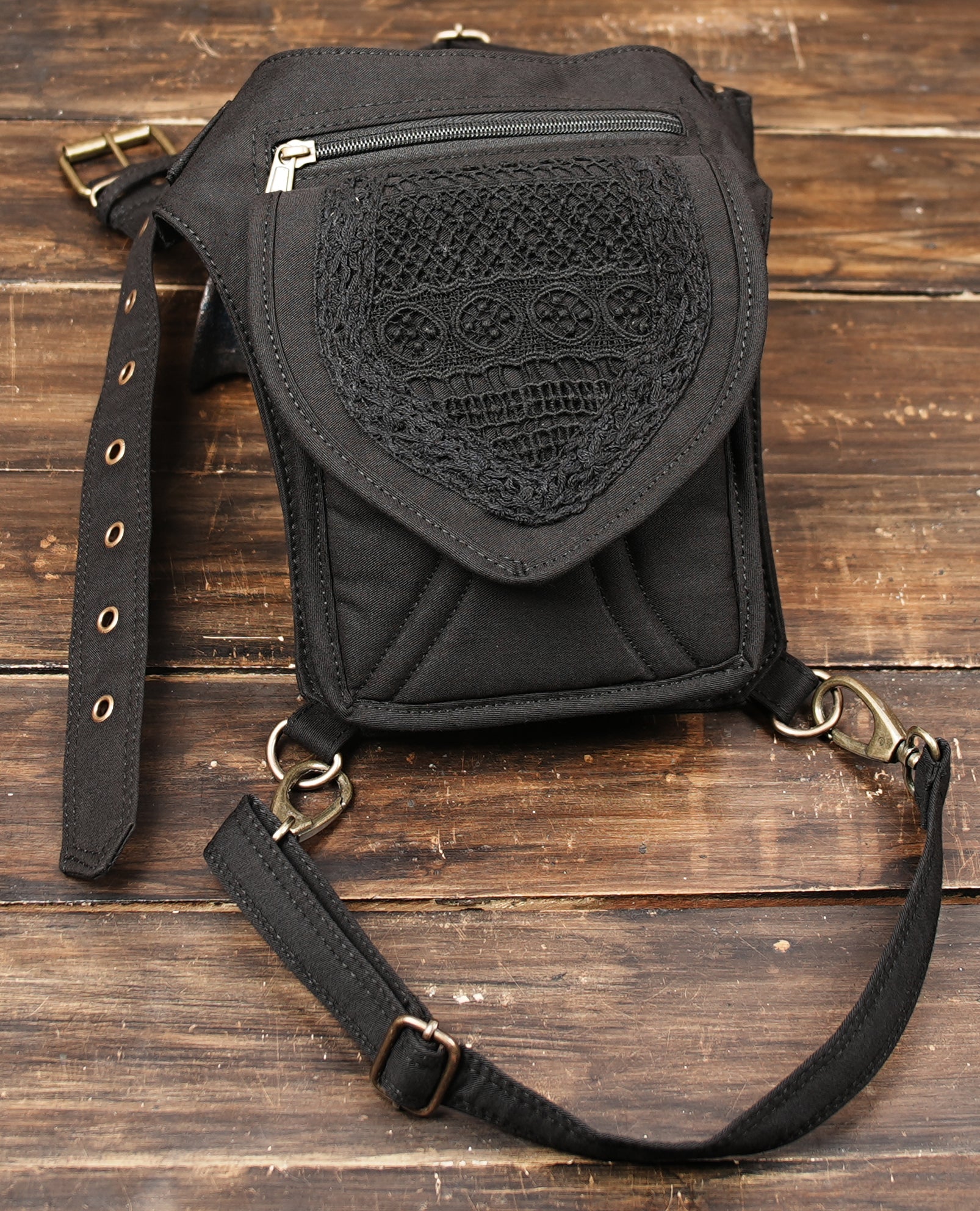 Bohemian gothic festival waist belt with detachable leg strap and textured lace overlay.