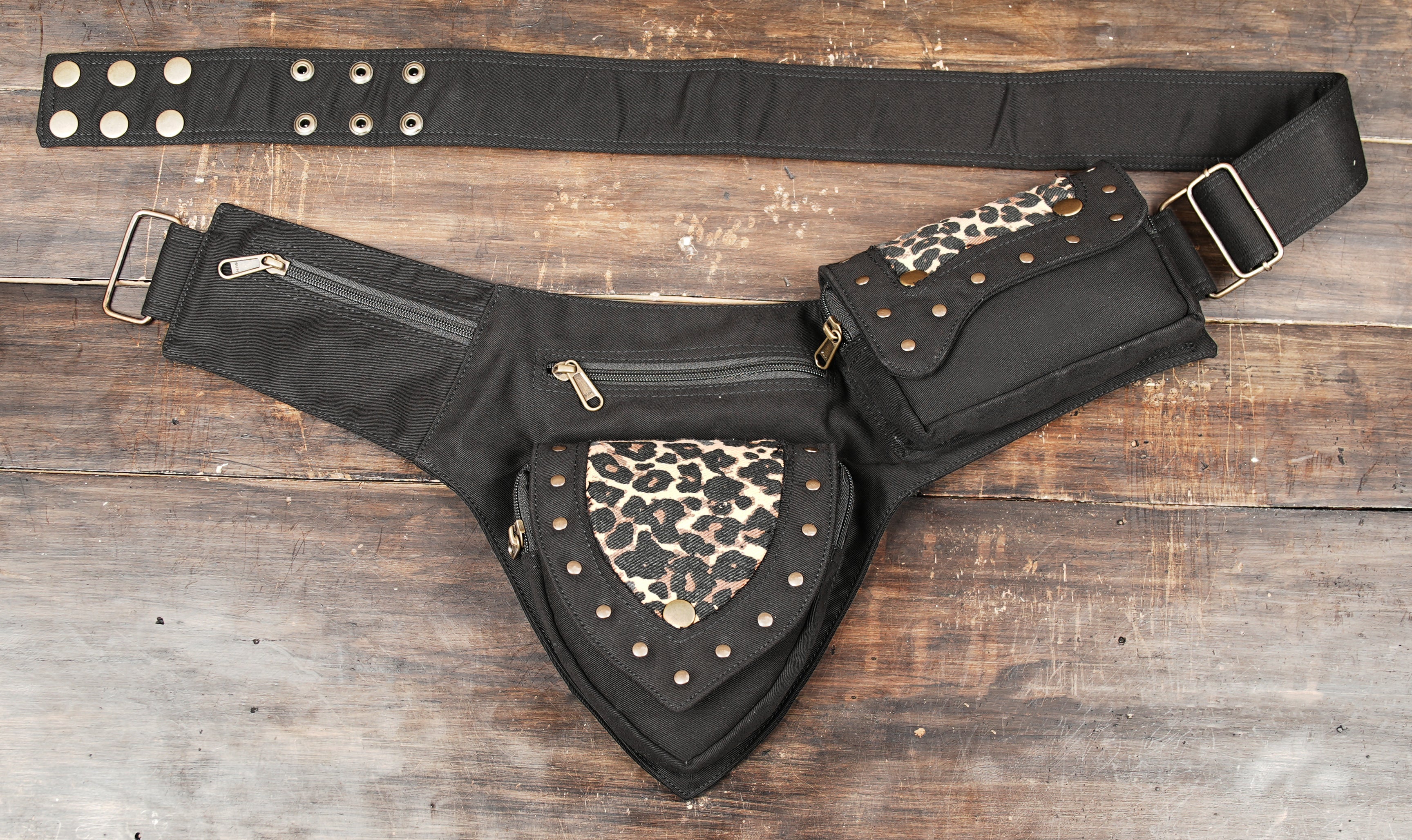 Black festival fanny pack with leopard print fabric