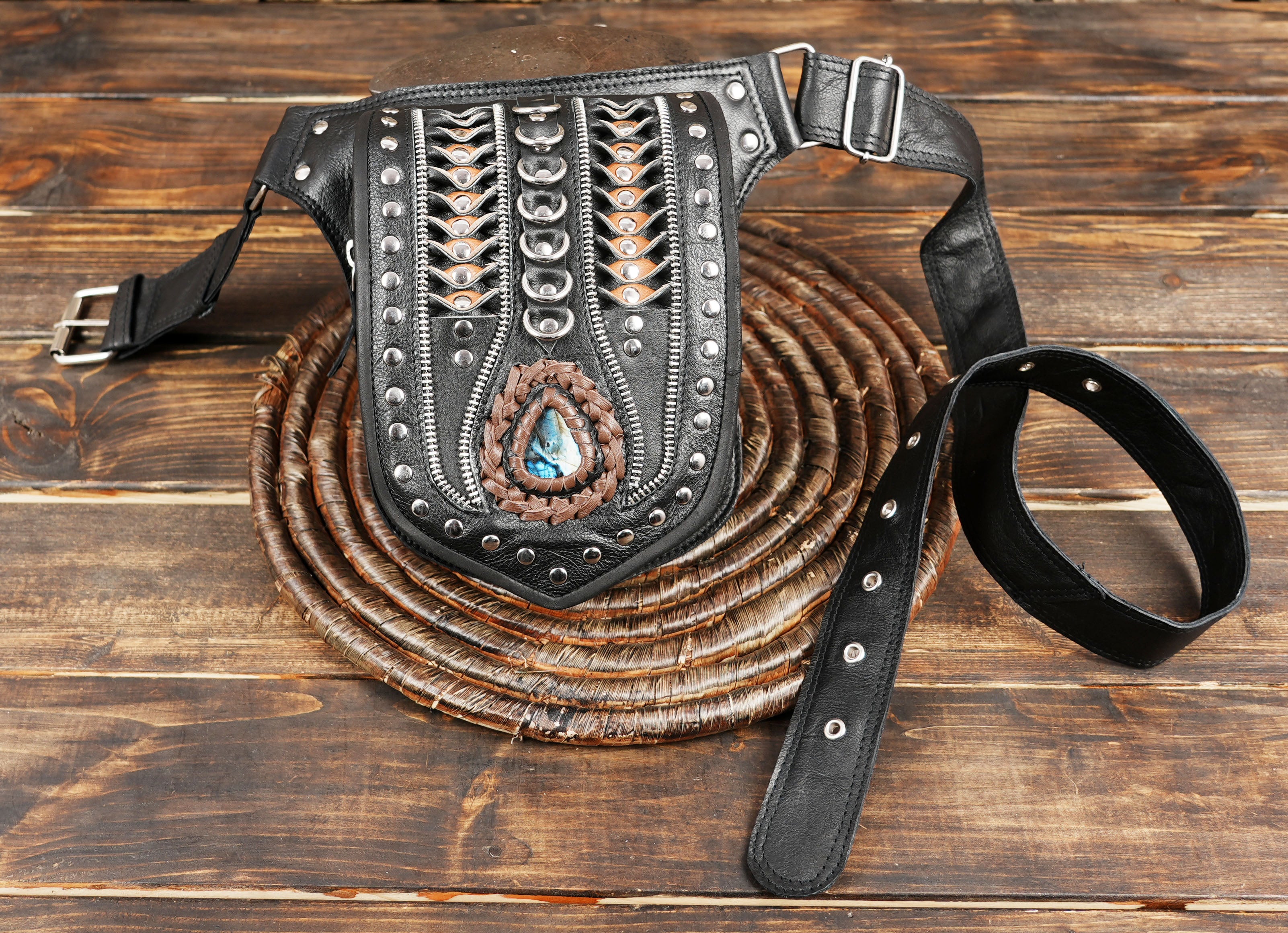 Unisex black leather hip pouch with rustic Western design  with steel lock 