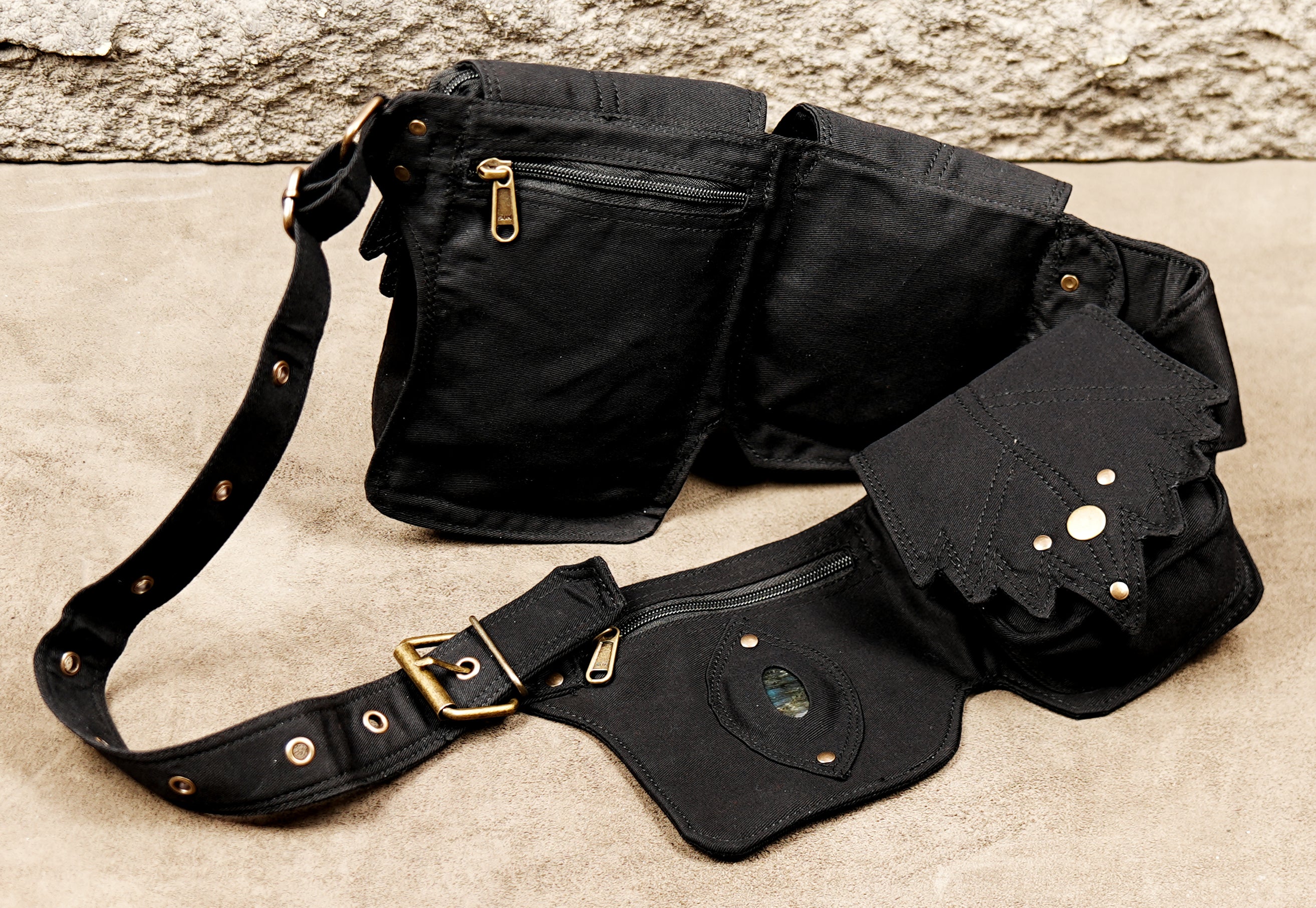 Burning Man style black cotton utility belt with pockets and gemstone