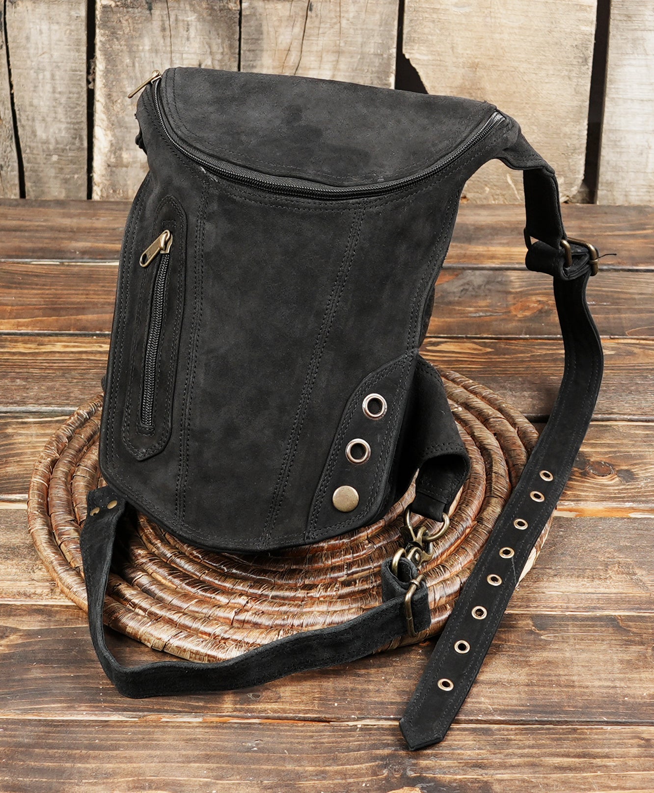 Black Leather Thigh Belt with Zippered Utility Pouch || Utility Leather Thigh Belt for Travel and Festival Wear (LT/AB/WBTS/6007)