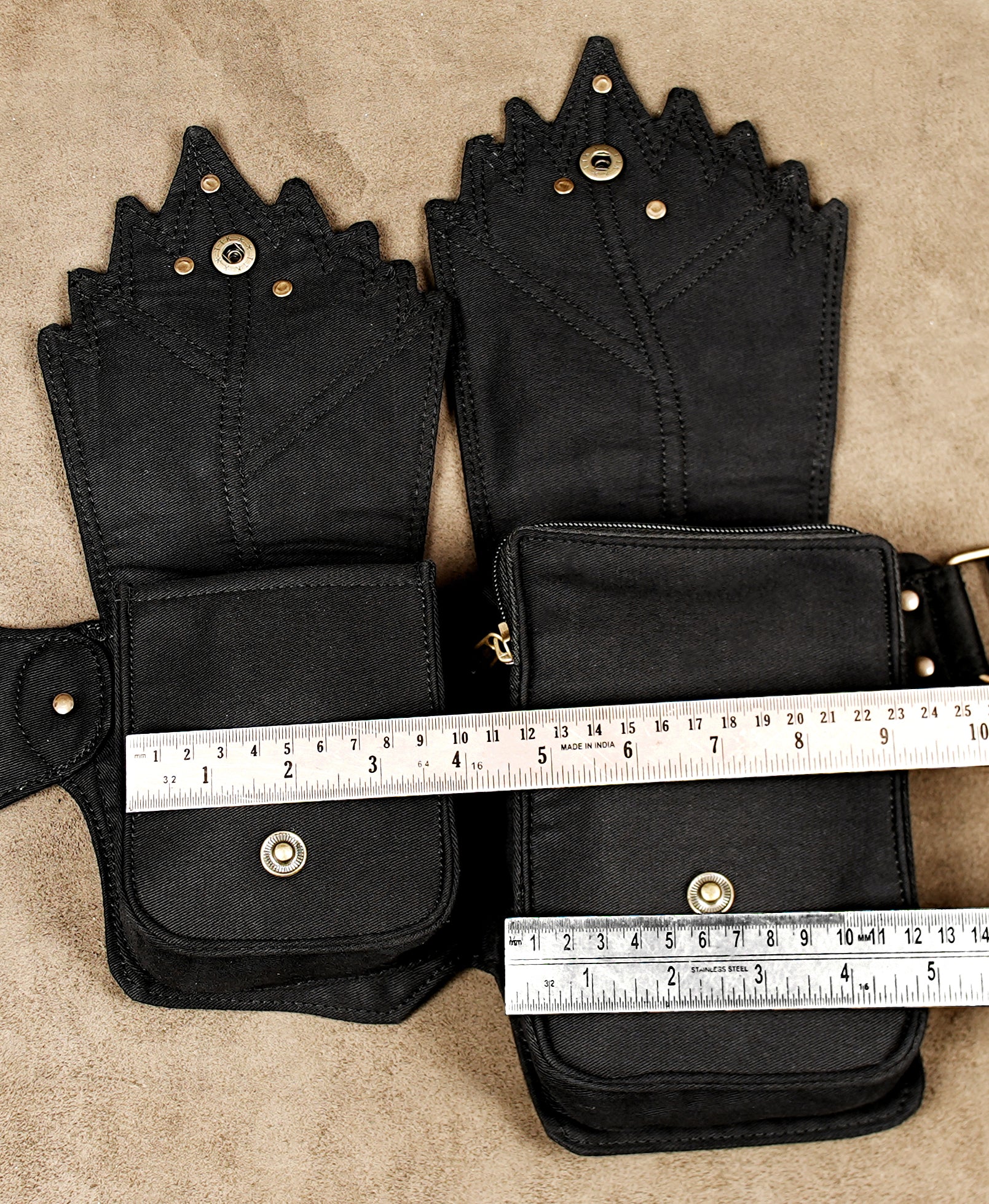 Unisex black cotton utility belt with brass snaps and leaf design
