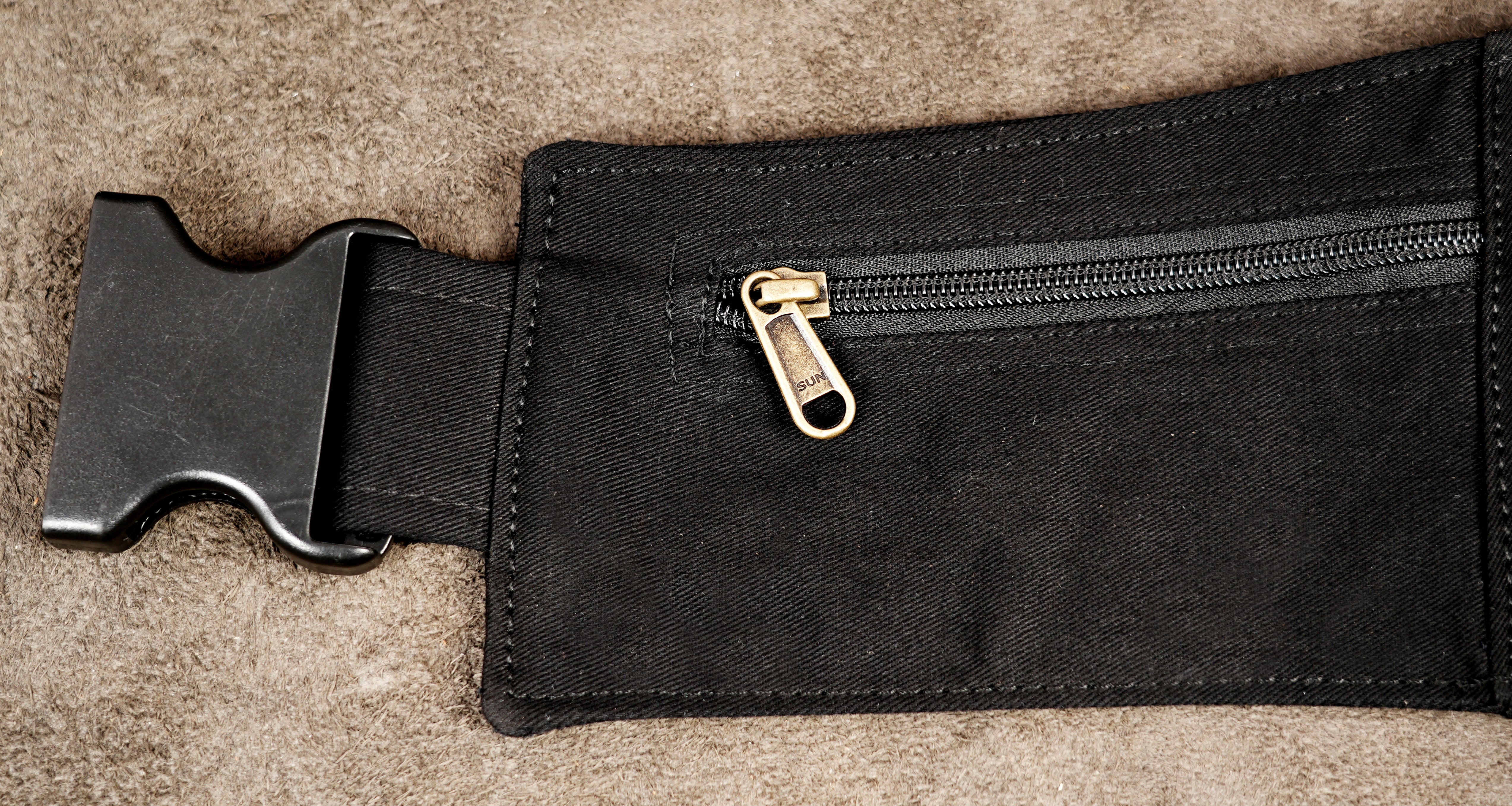Handmade black cotton fanny pack with multiple compartments