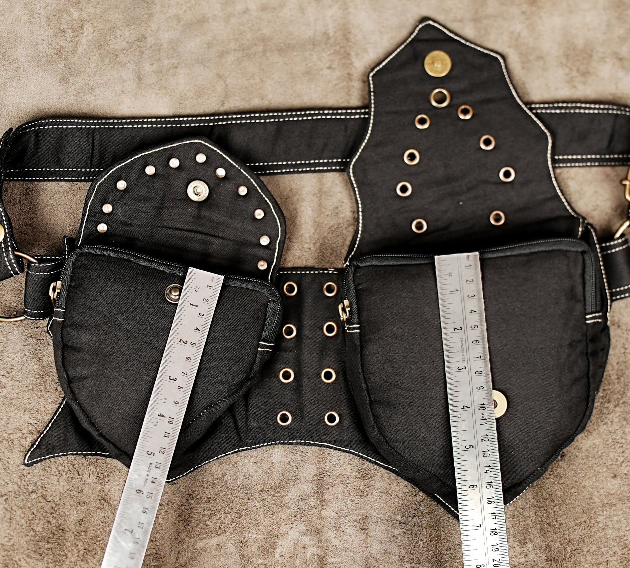 Unisex black cotton hip belt bag with adjustable brass buckle