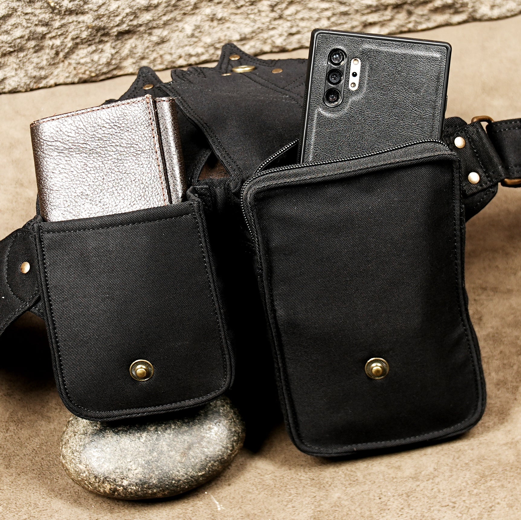 Steampunk style black cotton utility belt with brass studs and pockets