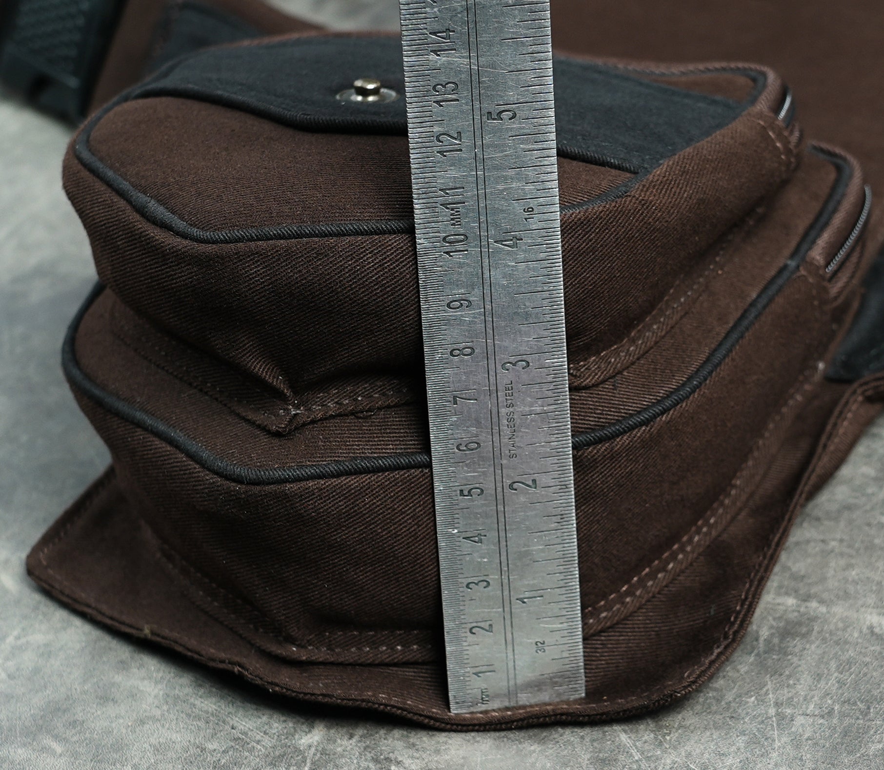Hippie style brown cotton waist bag with chevron shaped front pockets