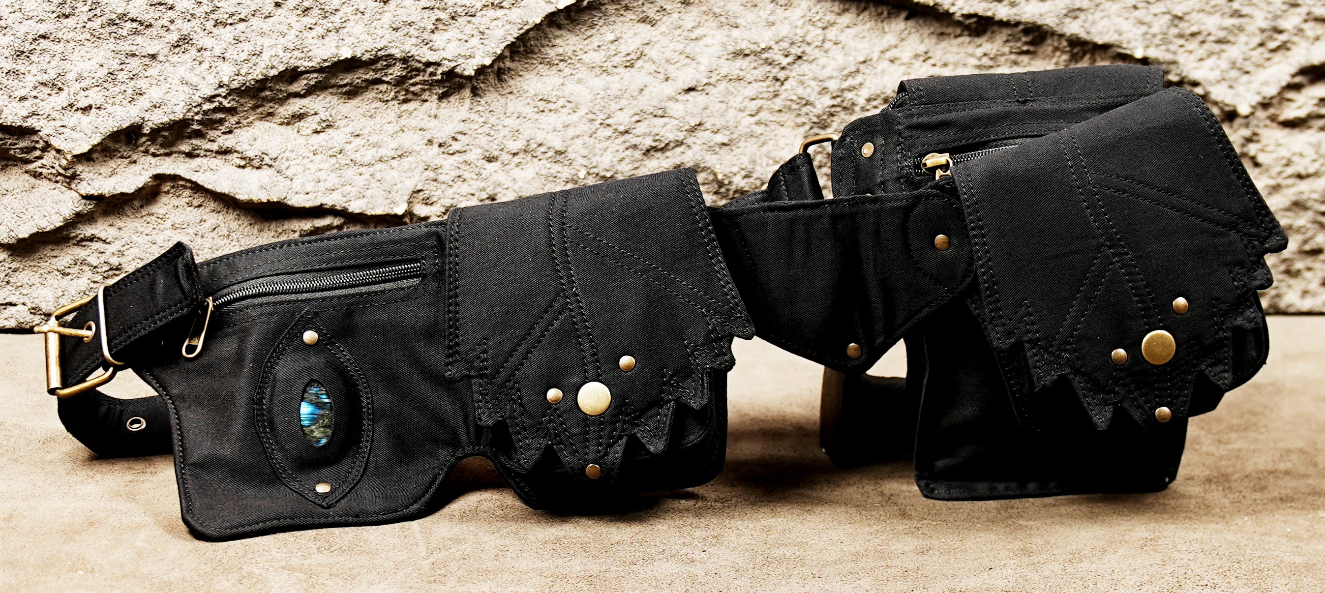 Hippie black cotton pocket belt with leaf-cut flaps and brass rivets