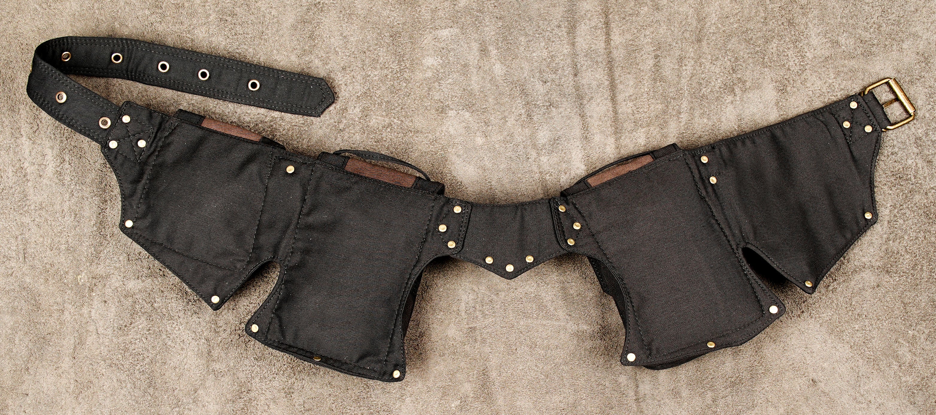 Cosplay steampunk cotton belt with lace-up pouches and rivets