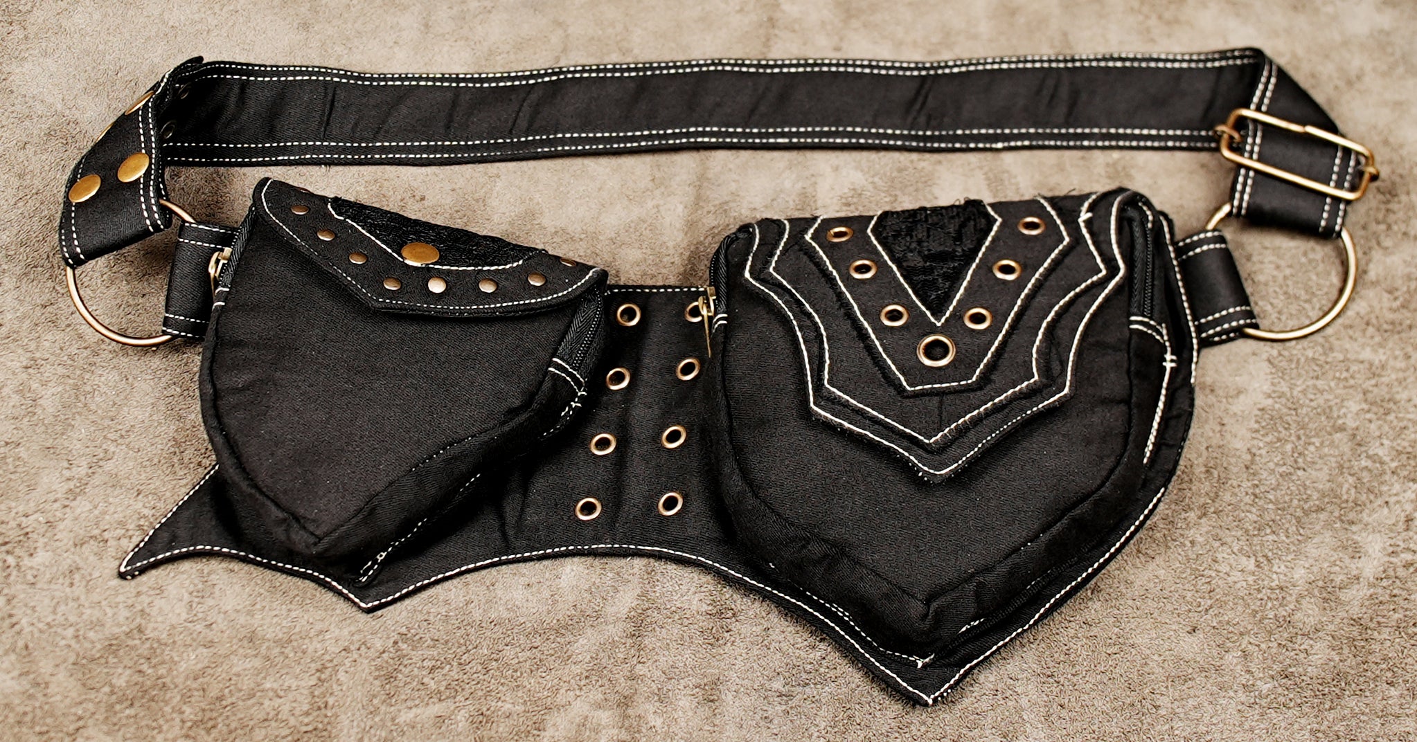 Psytrance black utility hip bag with eyelet and stud details