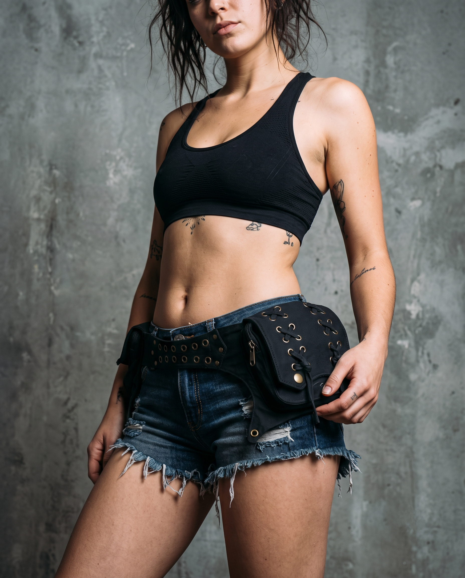 Black cotton waist belt with two pockets, brass eyelets and lace-up detailing