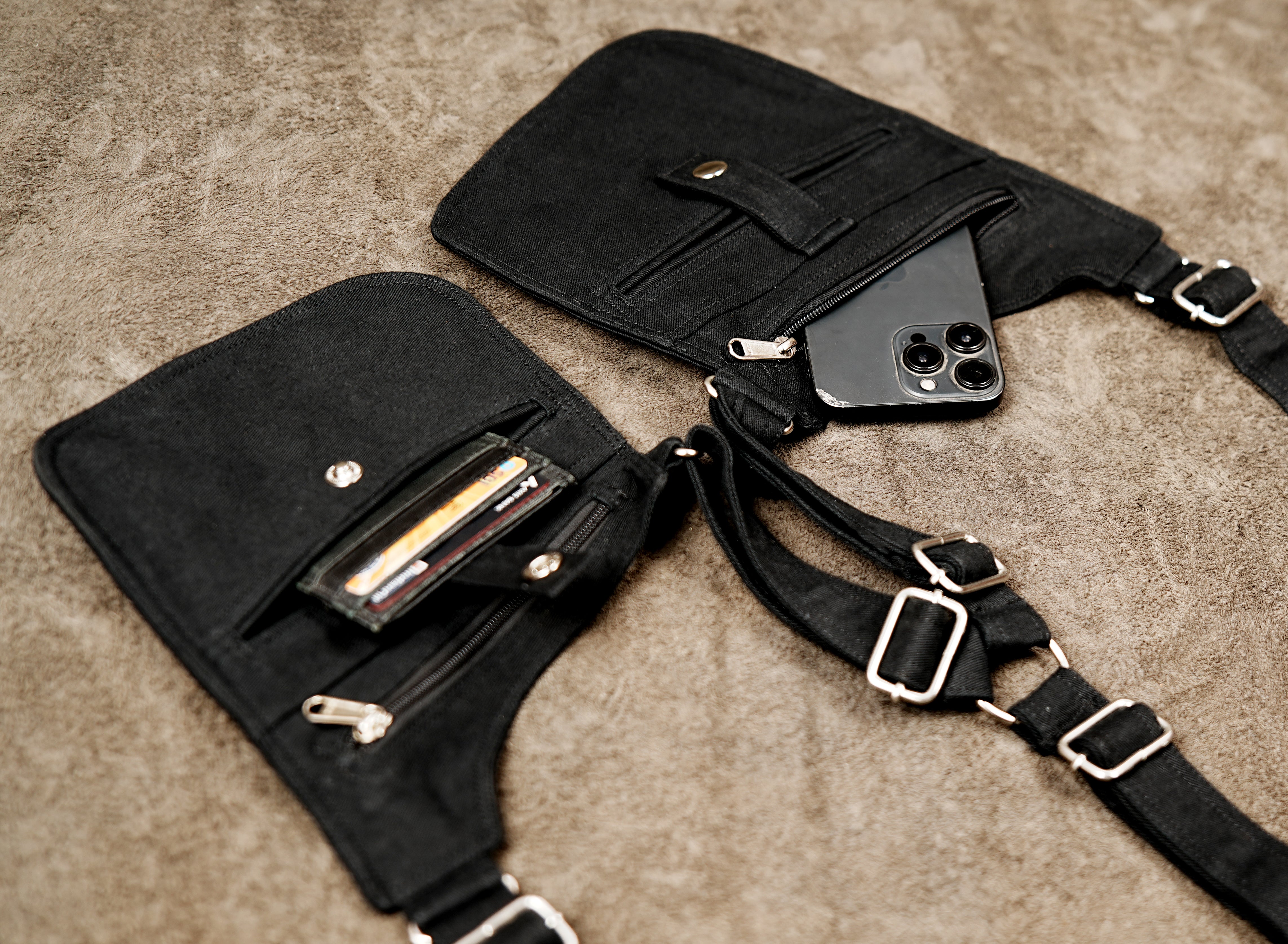 Cotton underarm holster bag with snap tab pocket closure