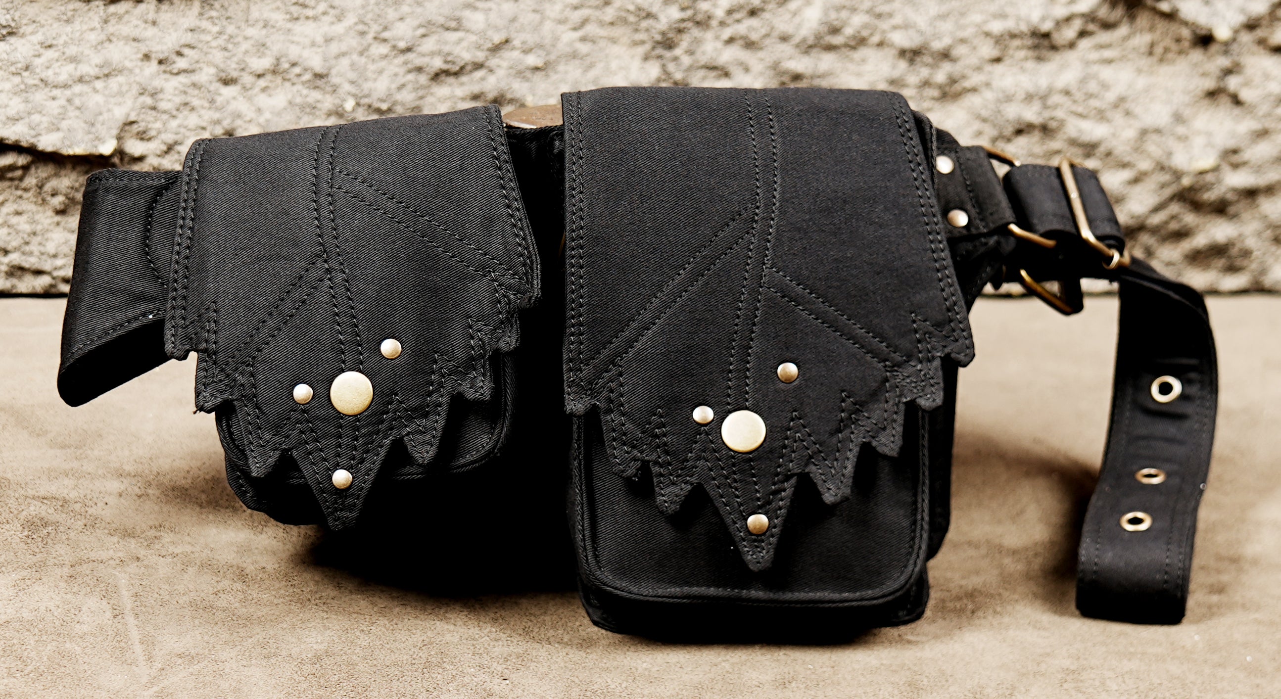 Black cotton waist pouch belt with blue labradorite stone and zip pocket