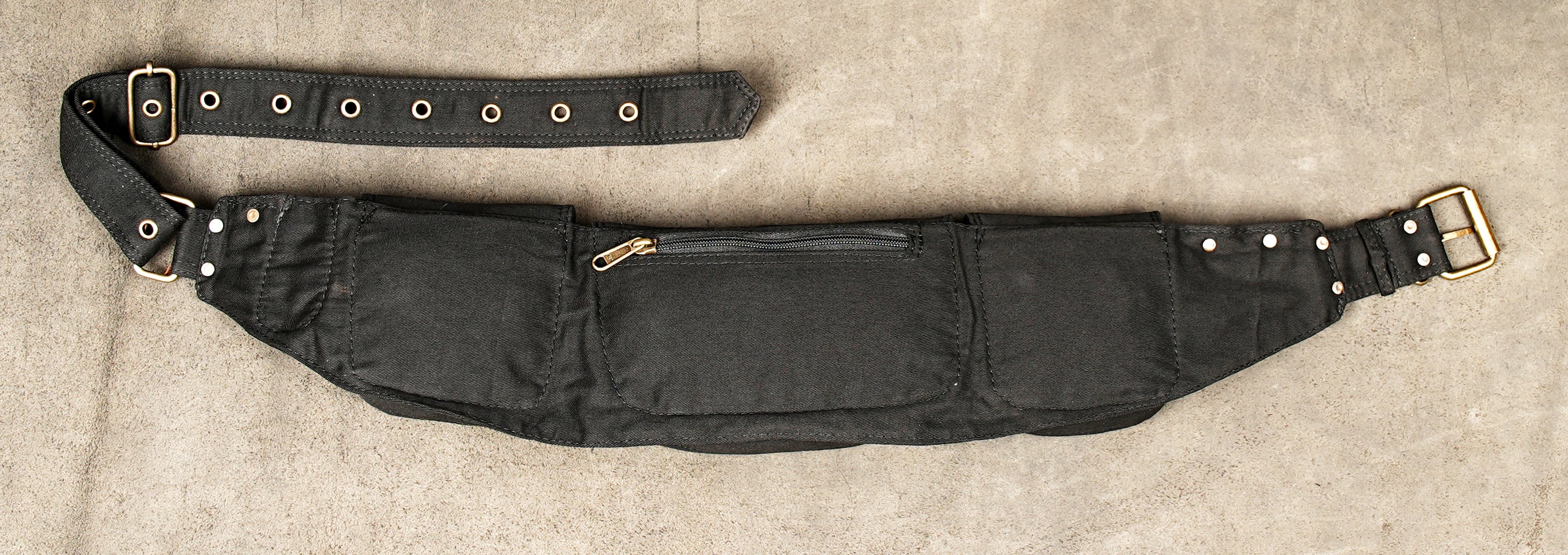 Black canvas fanny pack belt with key clip and D-ring