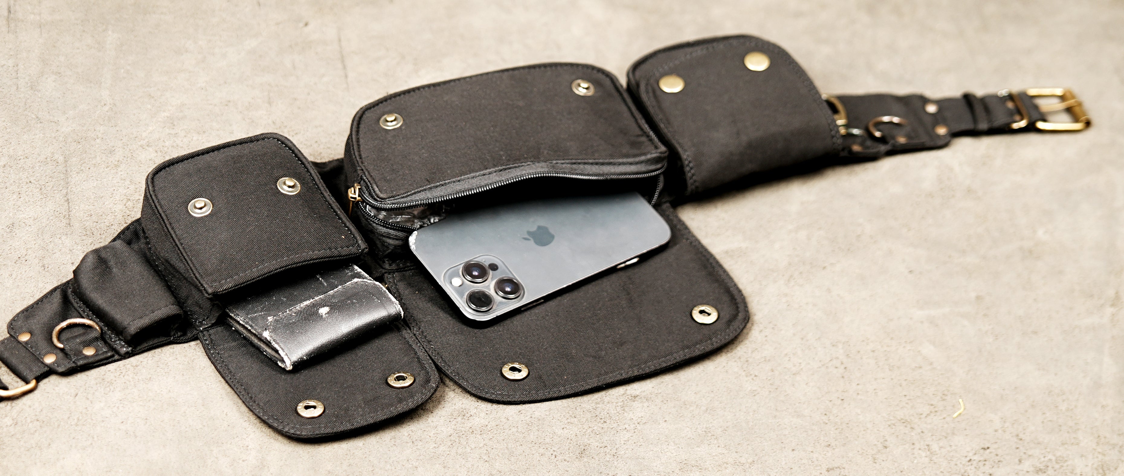 Black travel money belt in cotton with secure snap pockets