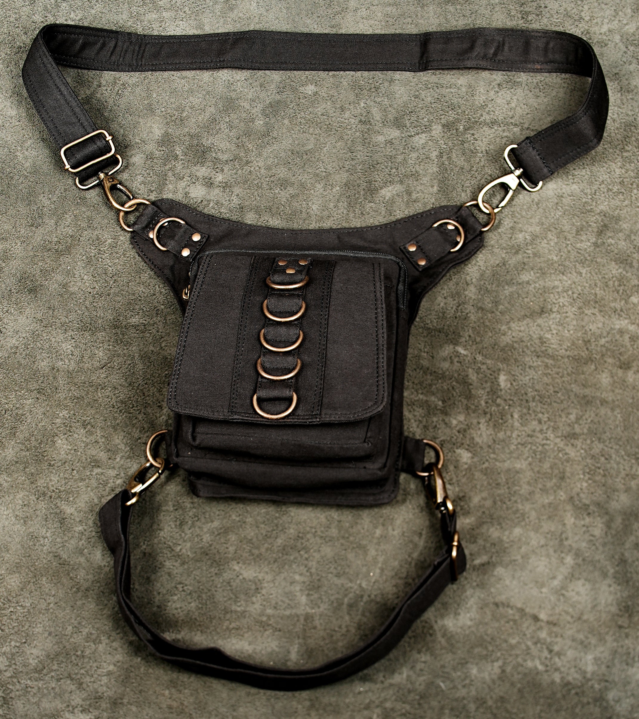 Gothic black cotton waist belt bag with metal D-ring accents
