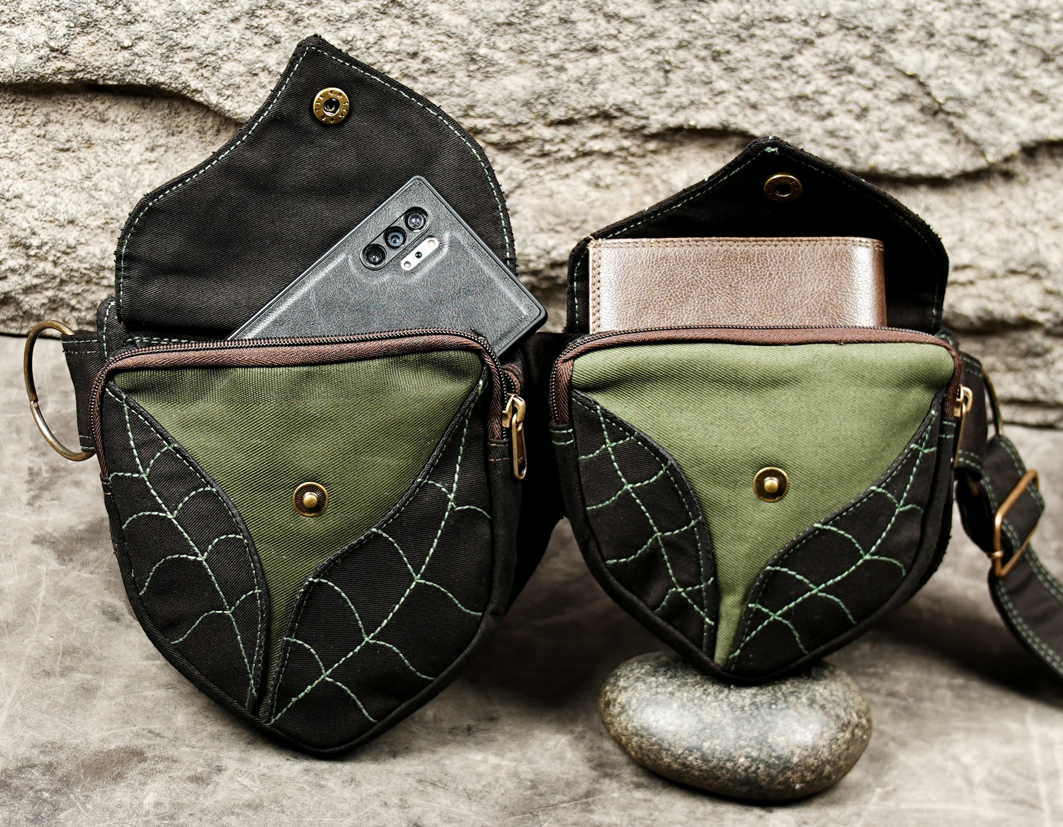 Elven style cotton hip belt with green vein stitching, snap buttons and brass buckle
