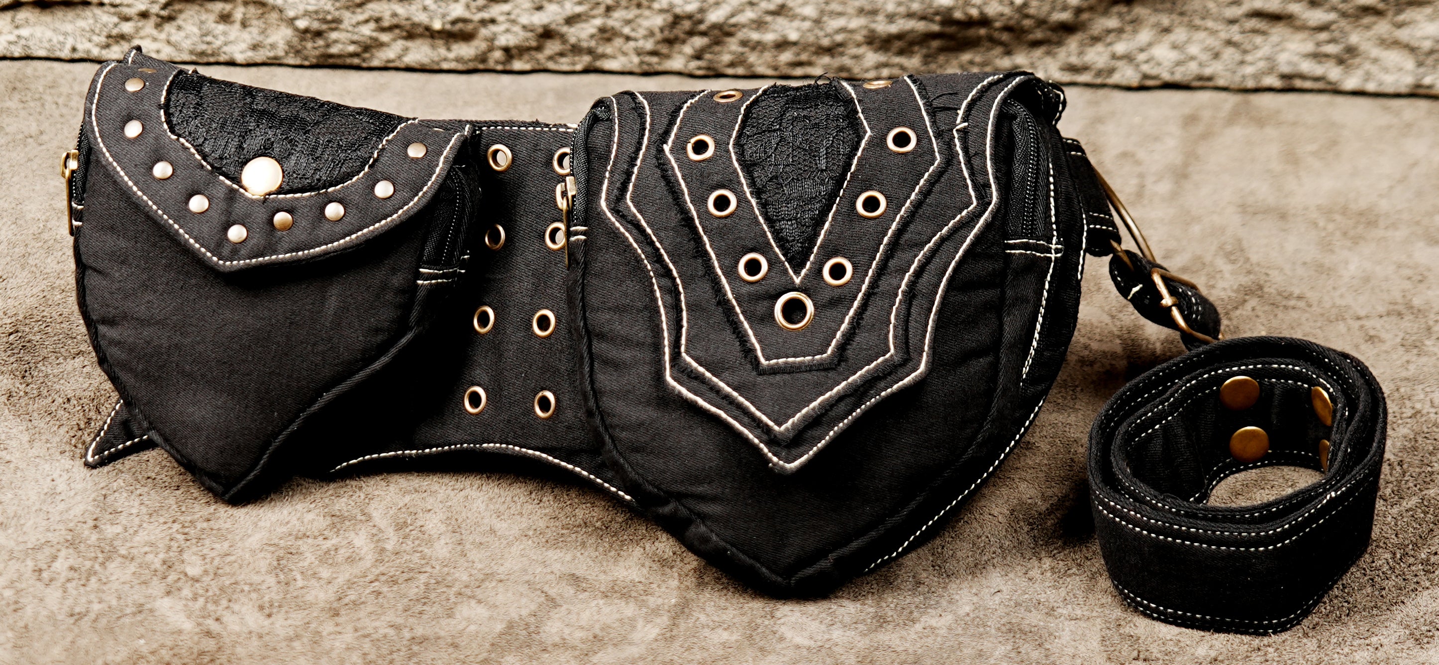 Black burning man style waist belt with double pockets