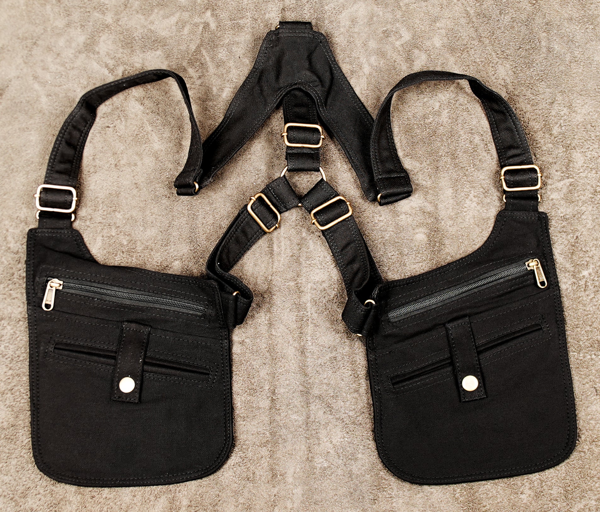 Double side holster bag in black cotton canvas with brass buckles