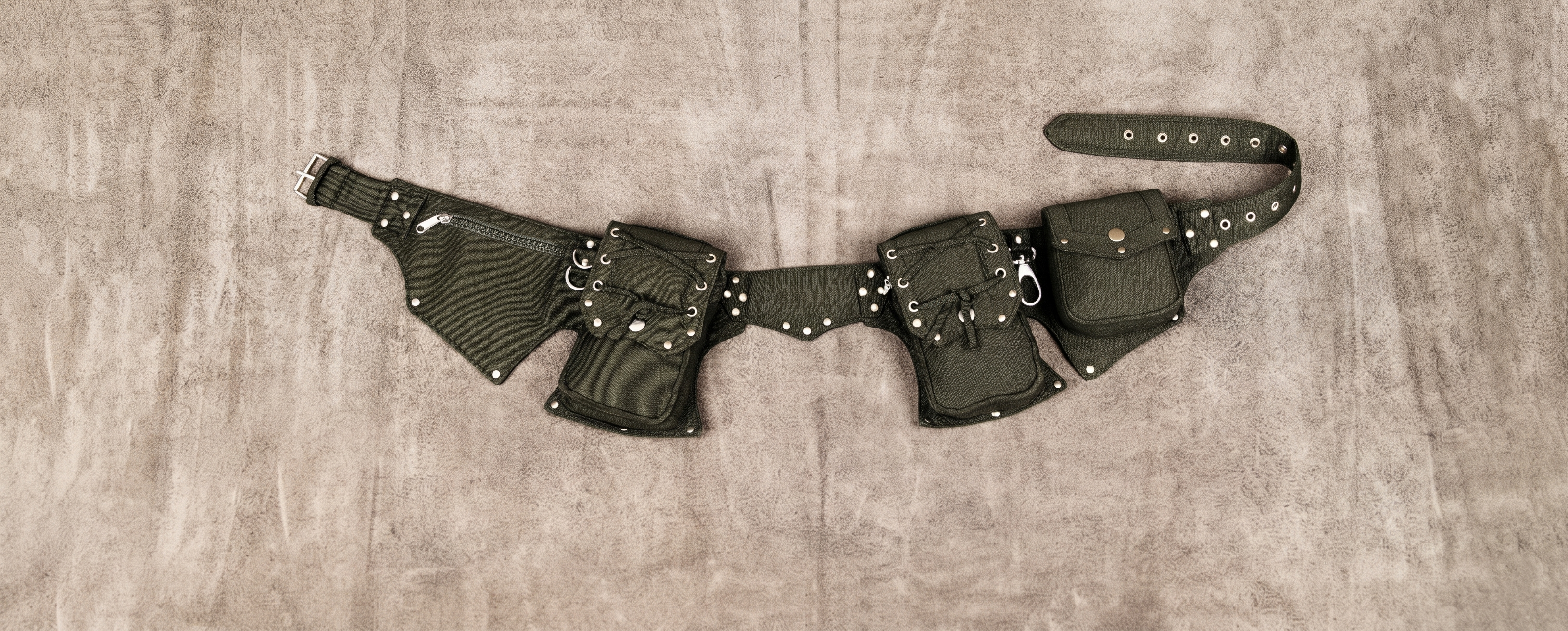 Black cotton festival bum bag belt with five storage areas and studs