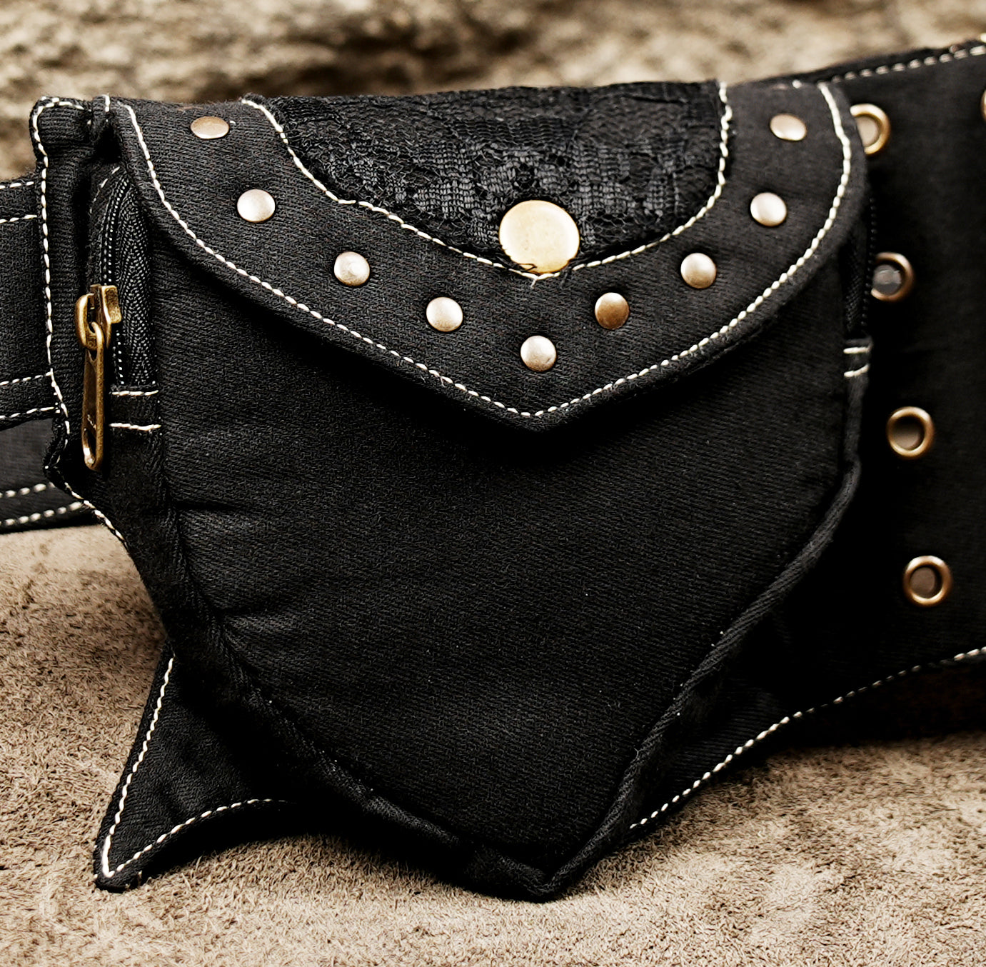 Cotton utility belt bag with studded flap pocket and brass buckle