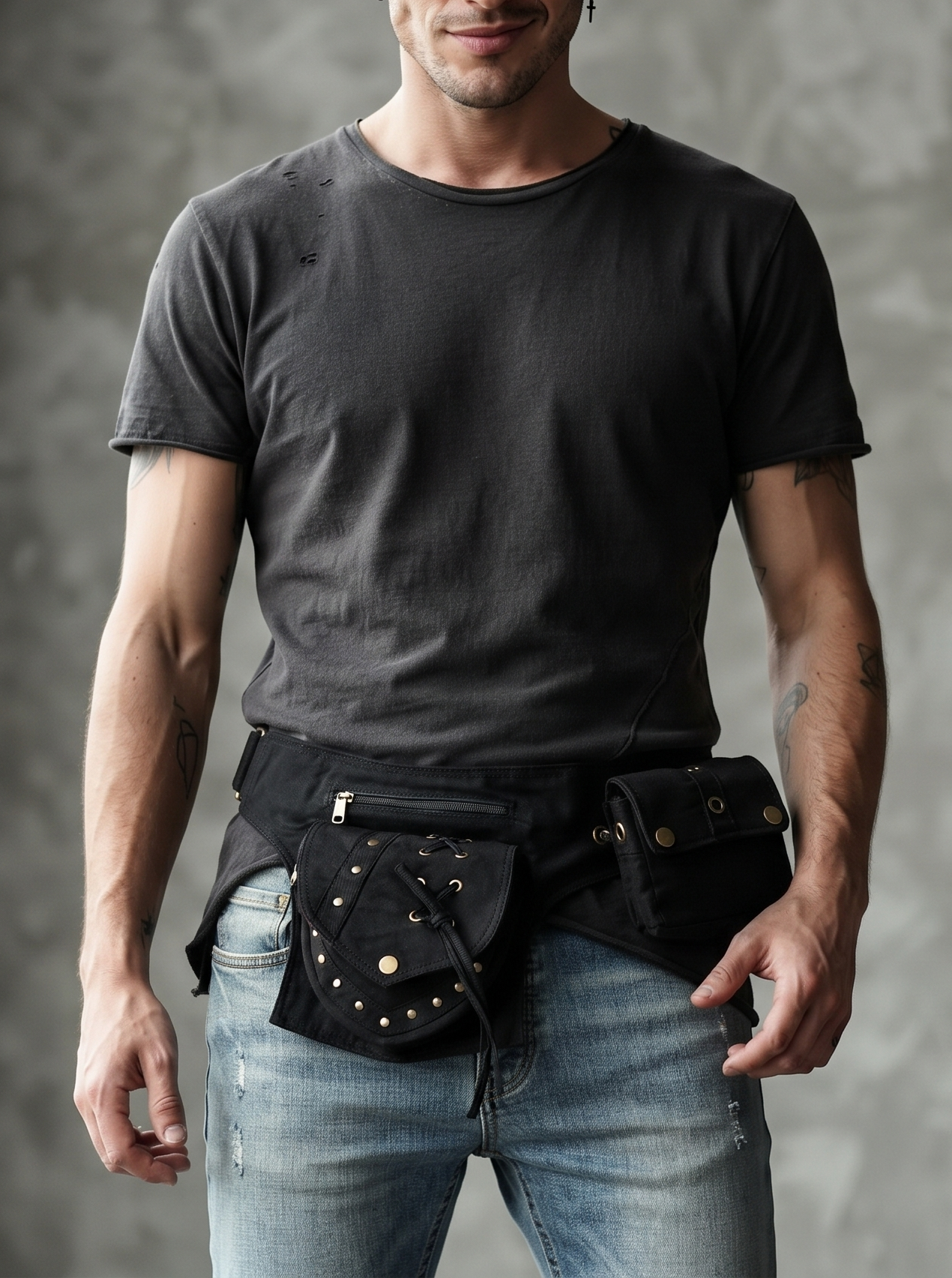 Handmade black cotton belt bag with multiple pockets and brass rivets