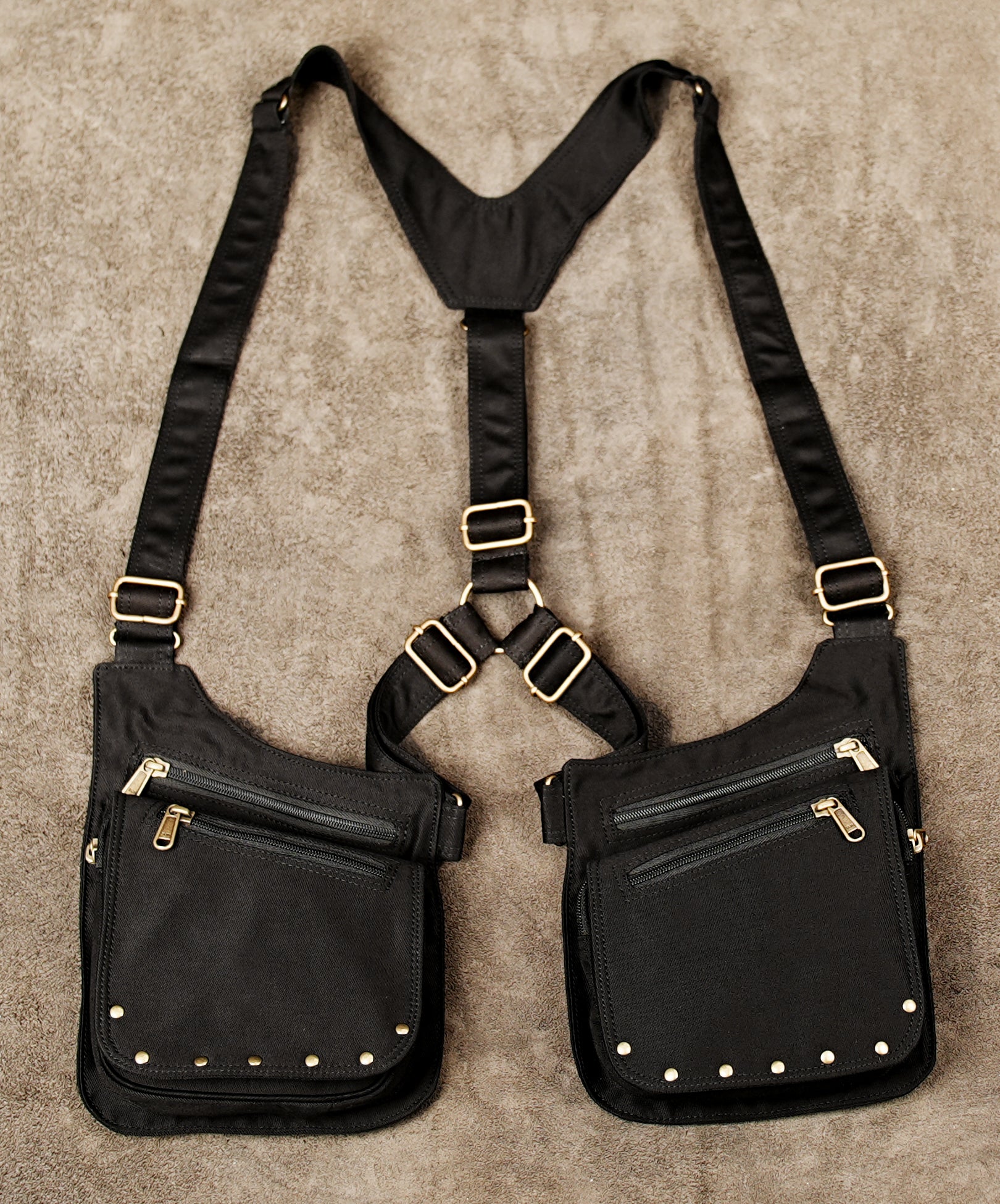 Cotton shoulder holster bag with two zippered side pouches in black