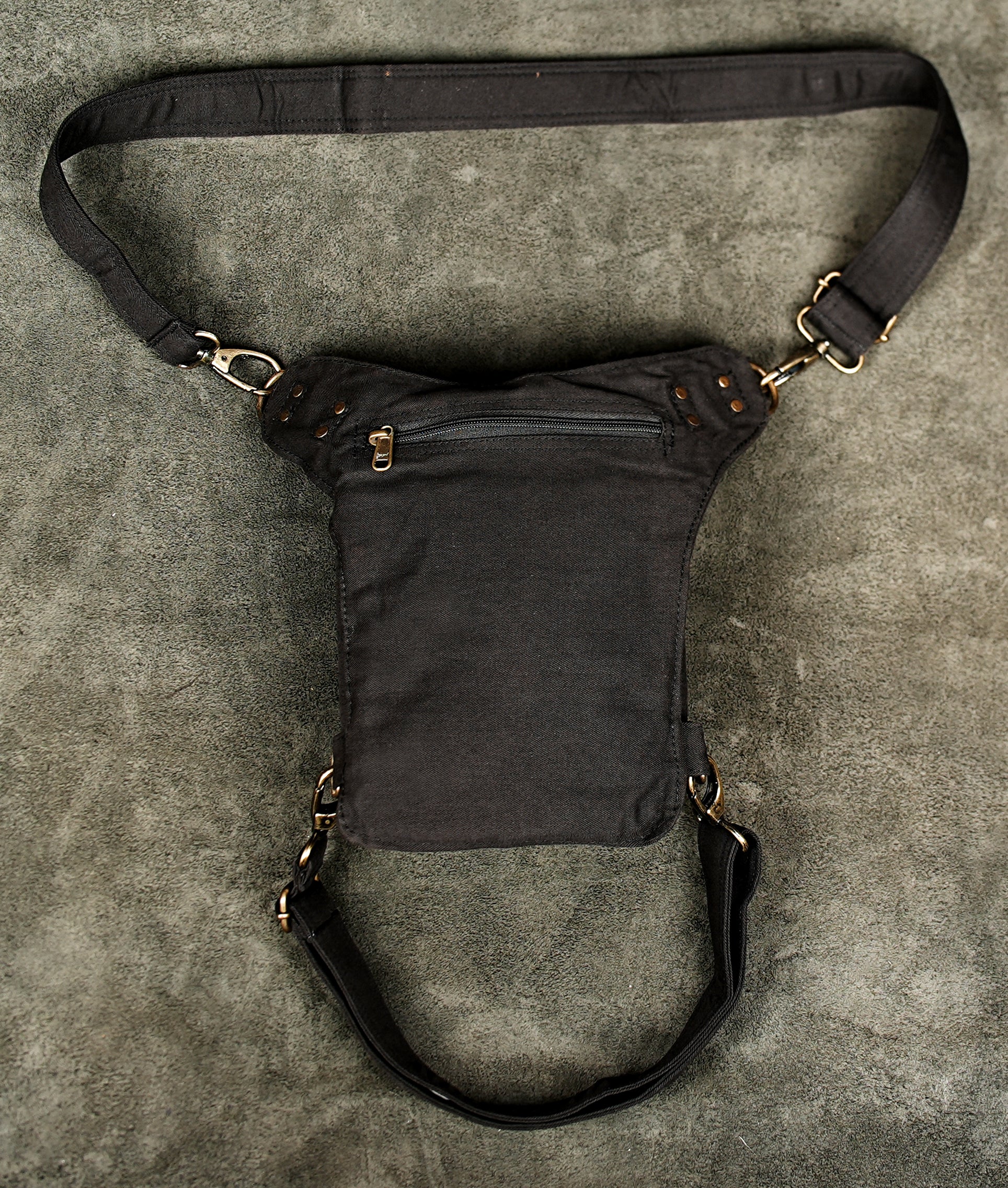 Black cotton leg bag with detachable straps and swivel hooks