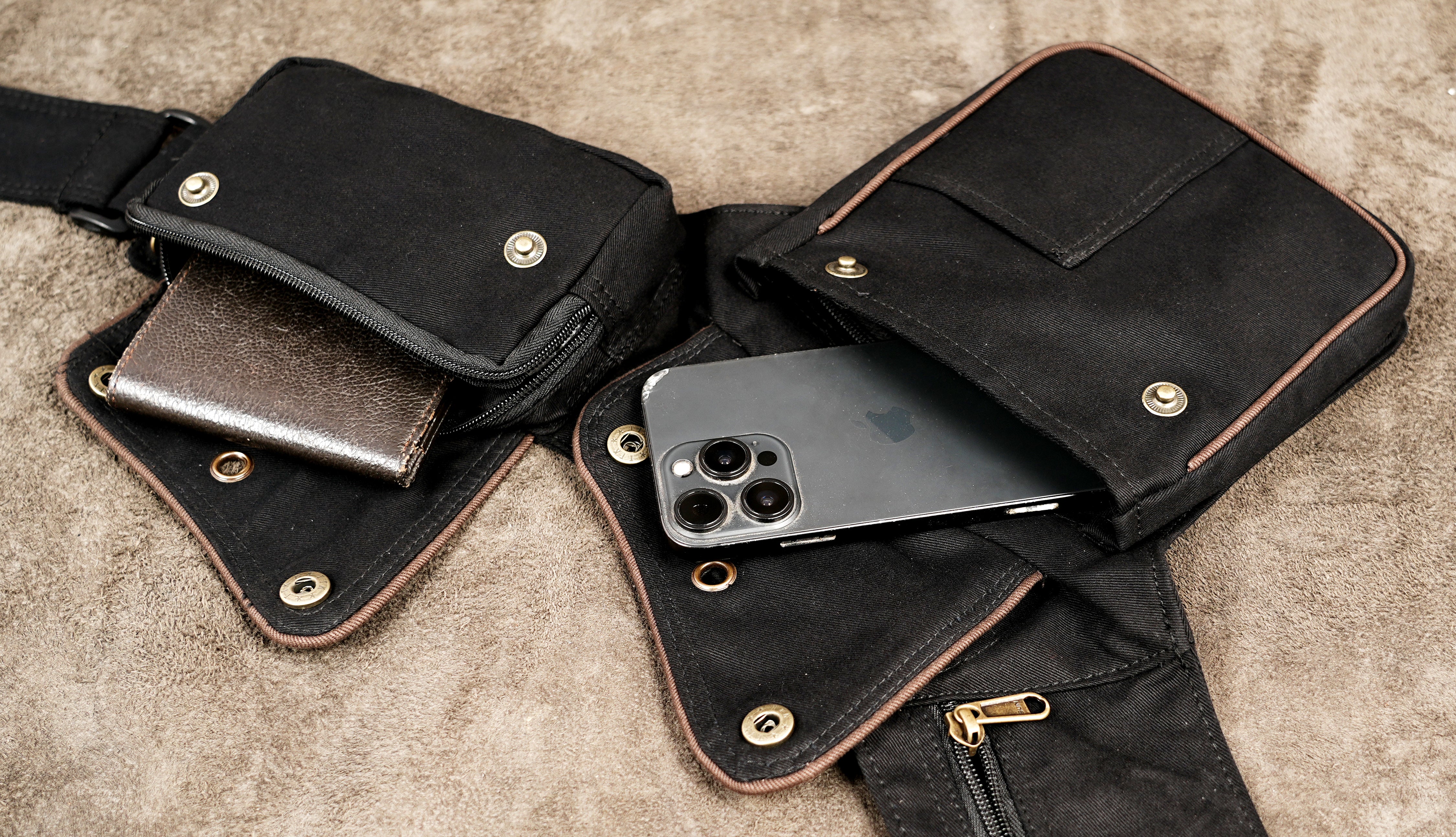Unisex black cotton waist bag with adjustable buckle strap
