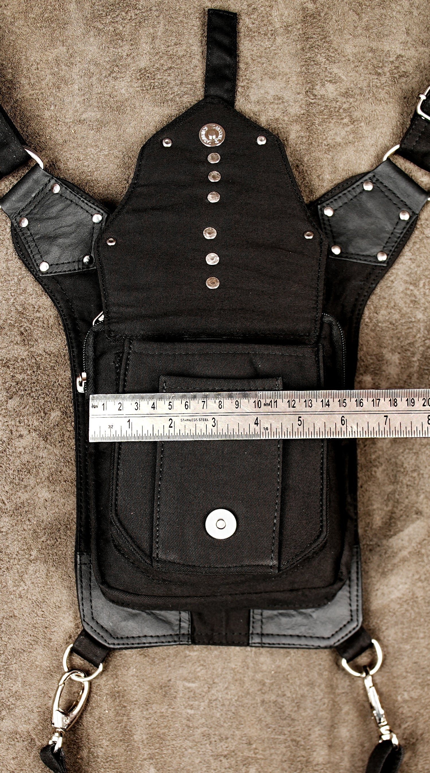 Gothic steampunk cotton leg bag with silver rivets and clips