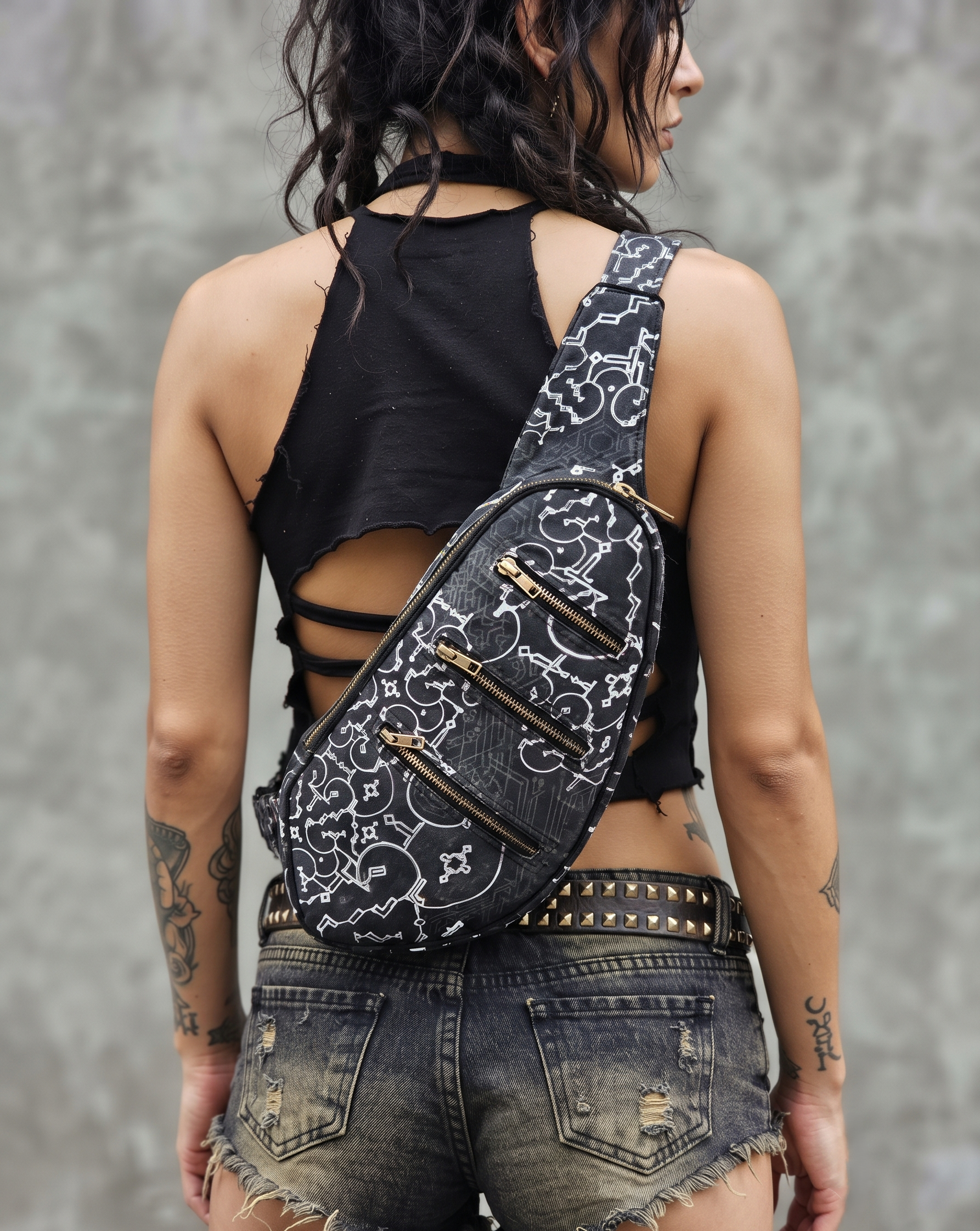 Lightweight black cotton shoulder bag with white circuit board inspired print