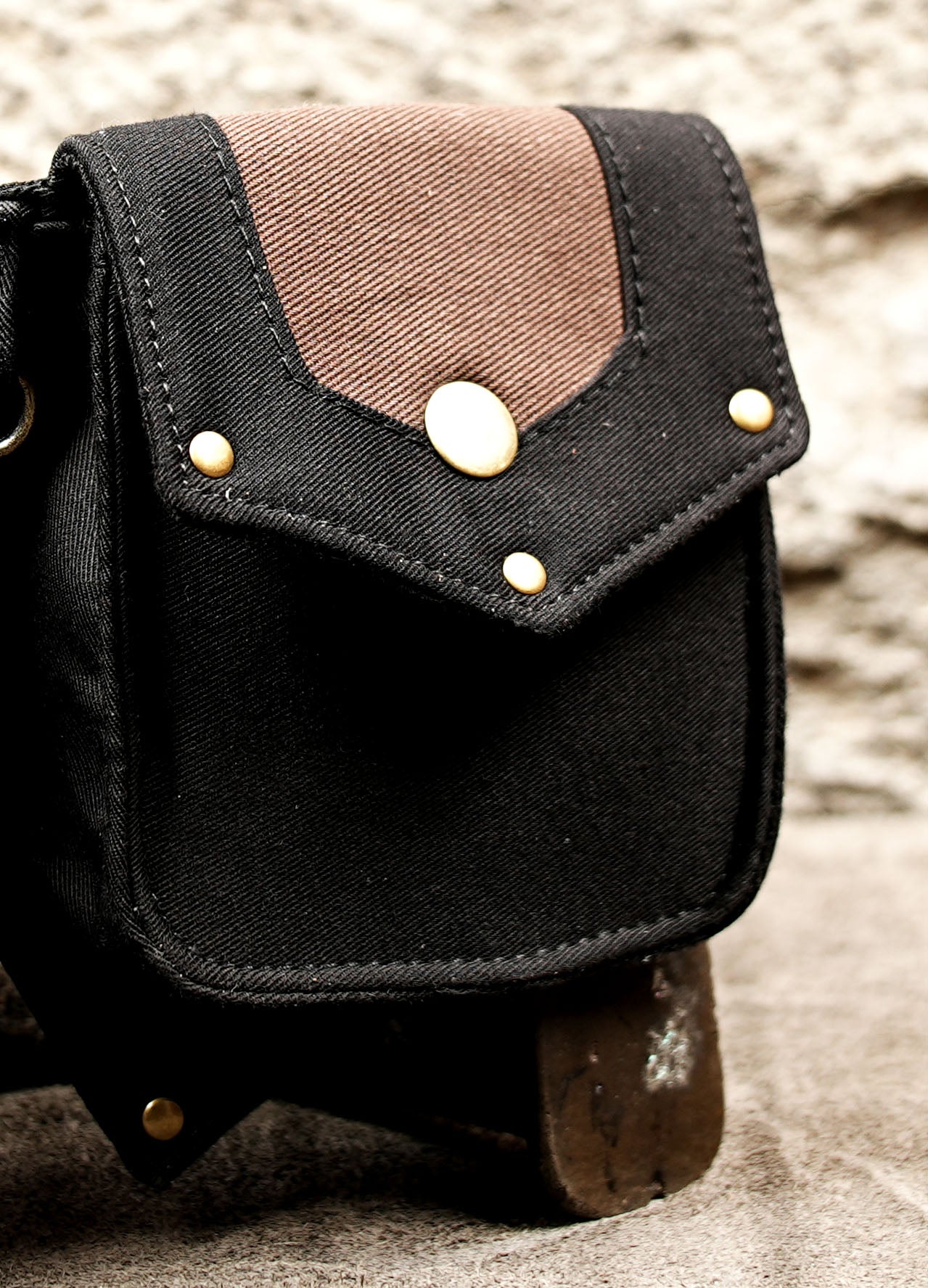 Handmade black cotton pocket belt with brass rivets and D-rings
