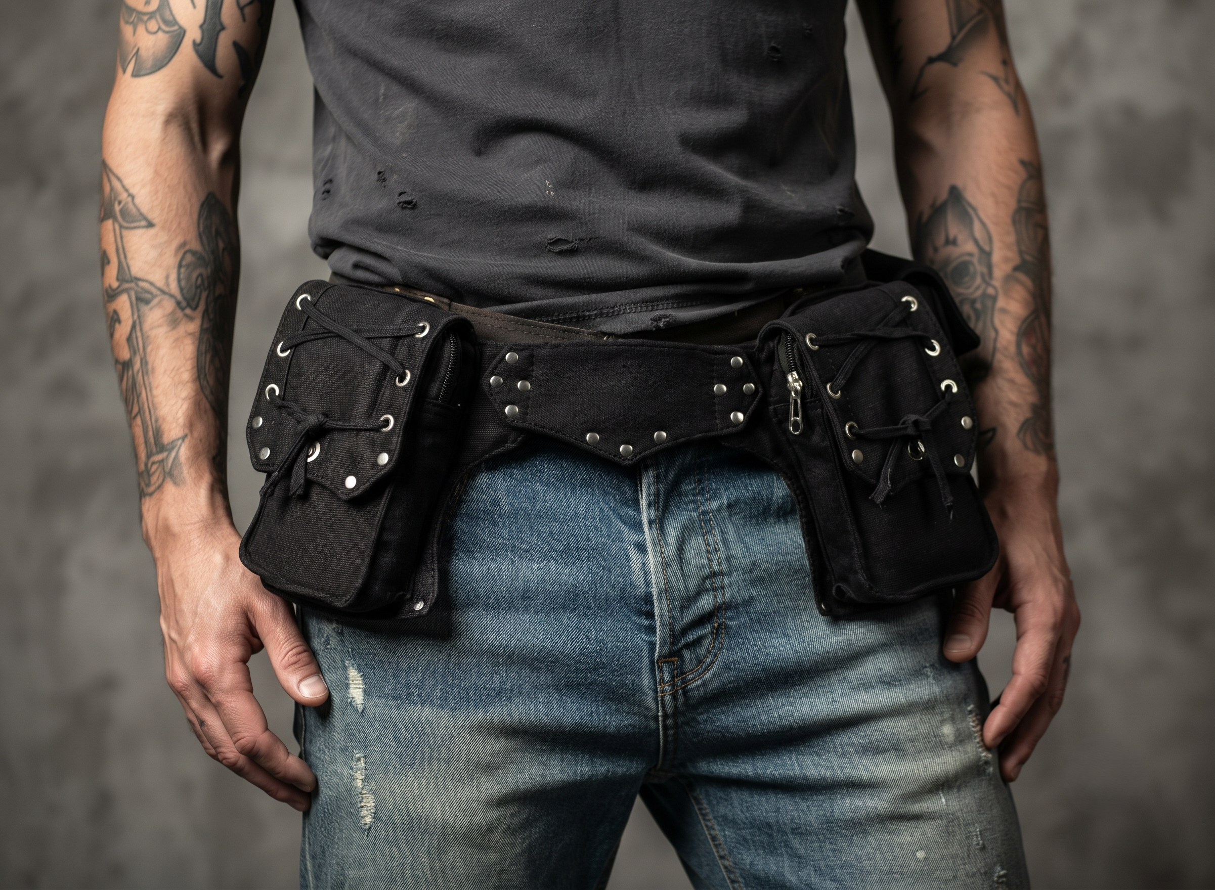 Hands-free black cotton waist belt for phone, keys and wallet storage