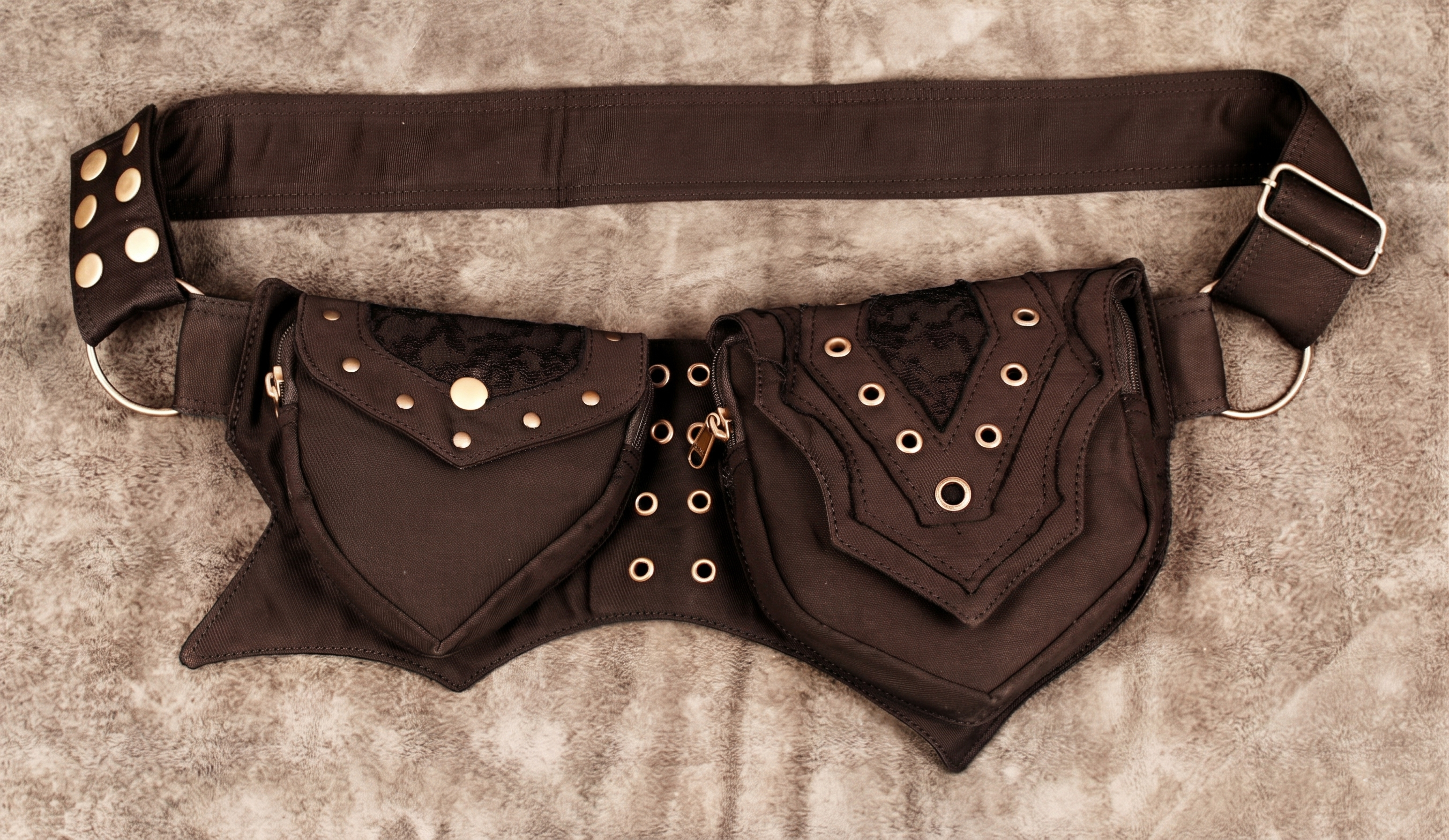 Black cotton bum bag belt with studded flap and decorative eyelets