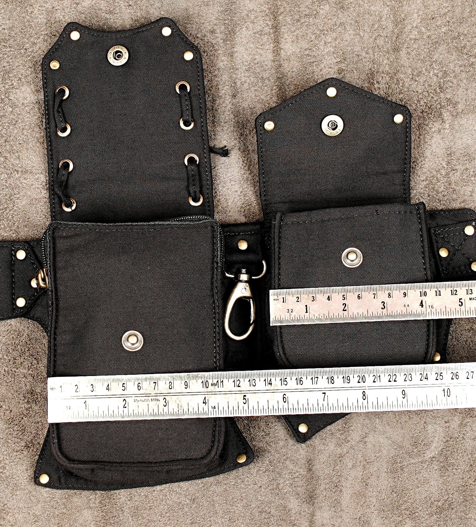 Boho cotton pocket belt in black with brown contrast panels
