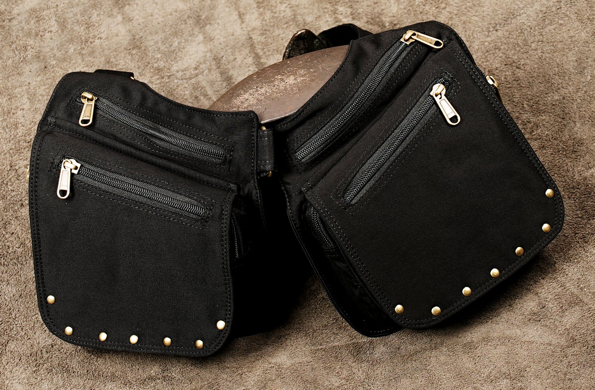 Handmade cotton holster bag with gold stud detailing and adjustable fit