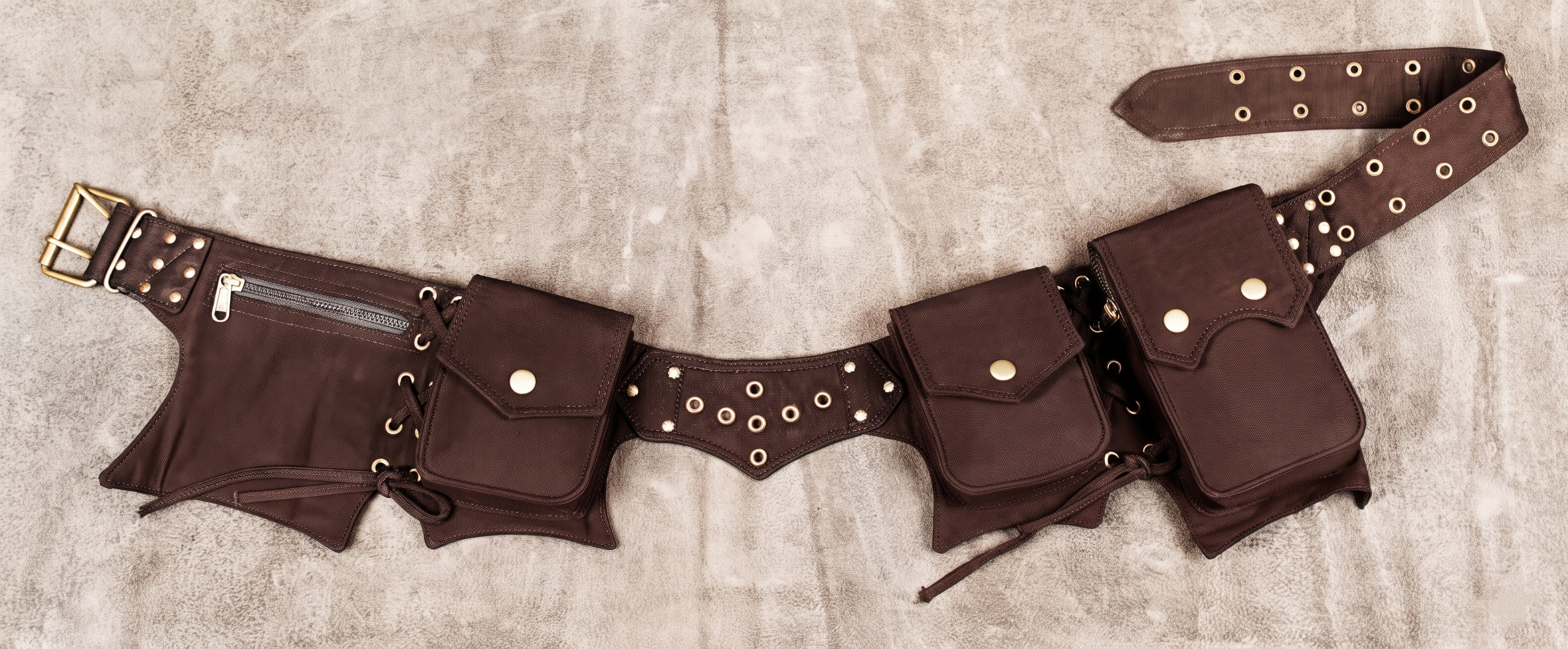 Psytrance black cotton pocket belt with studs, eyelets and brass roller buckle