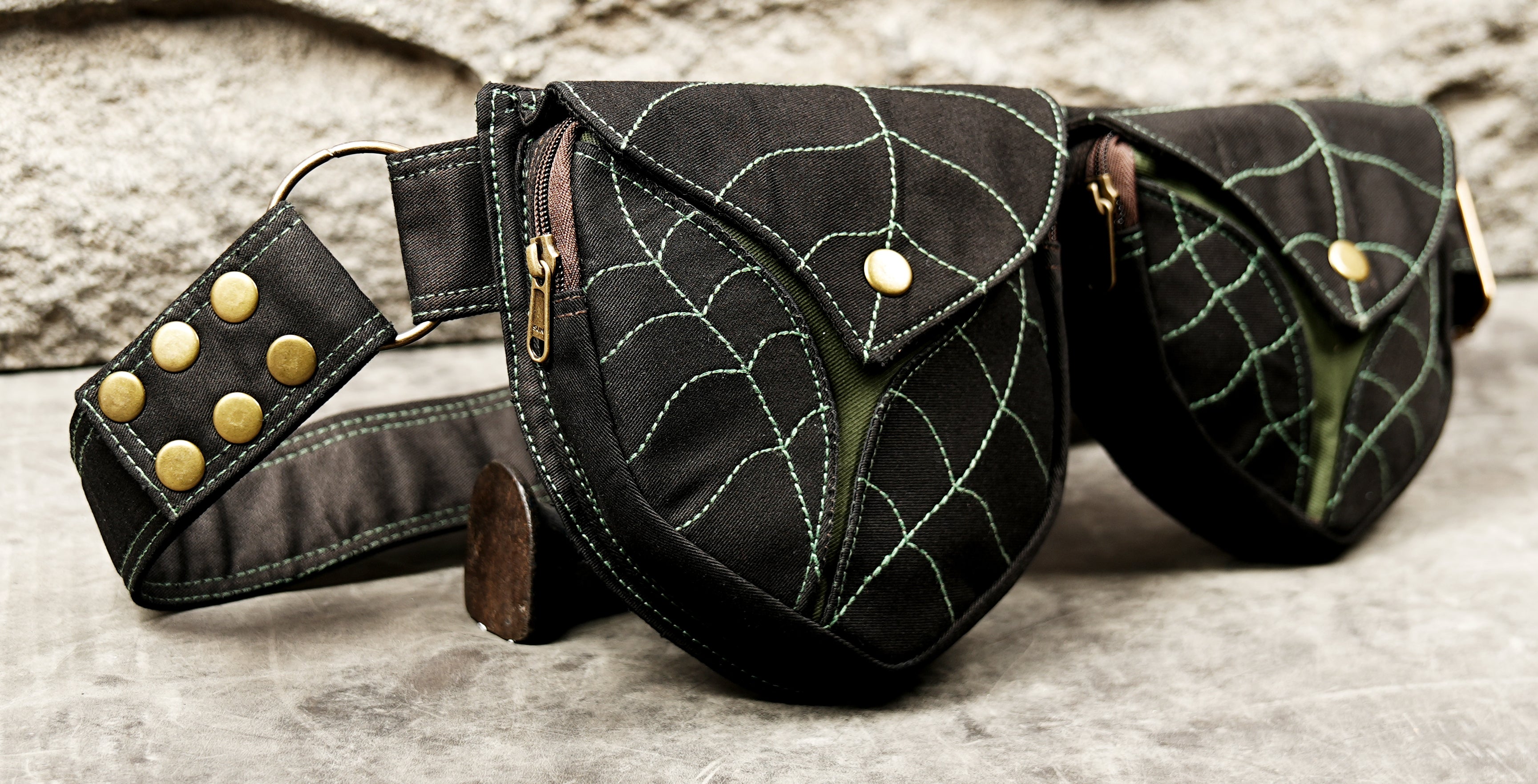Fairy style hip belt in black cotton with green leaf vein embroidery and snap buttons