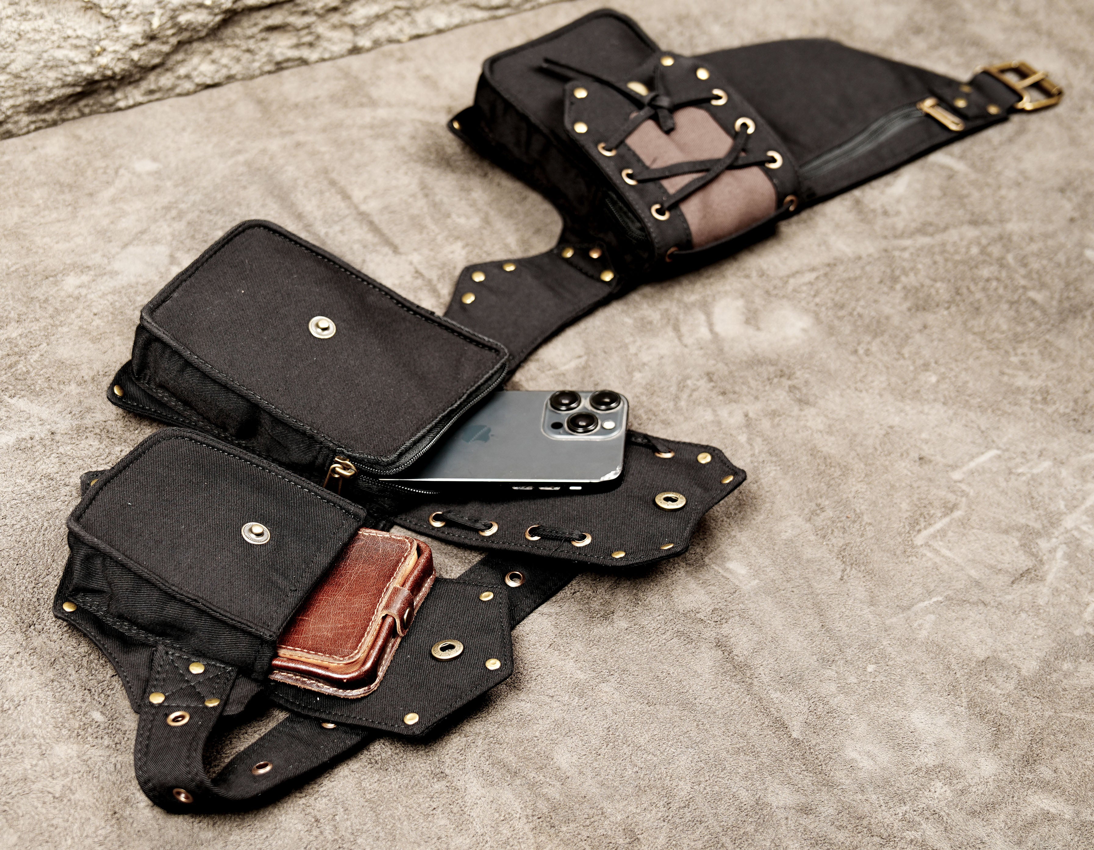 Black cotton bum bag belt with laced pouches and metal hardware