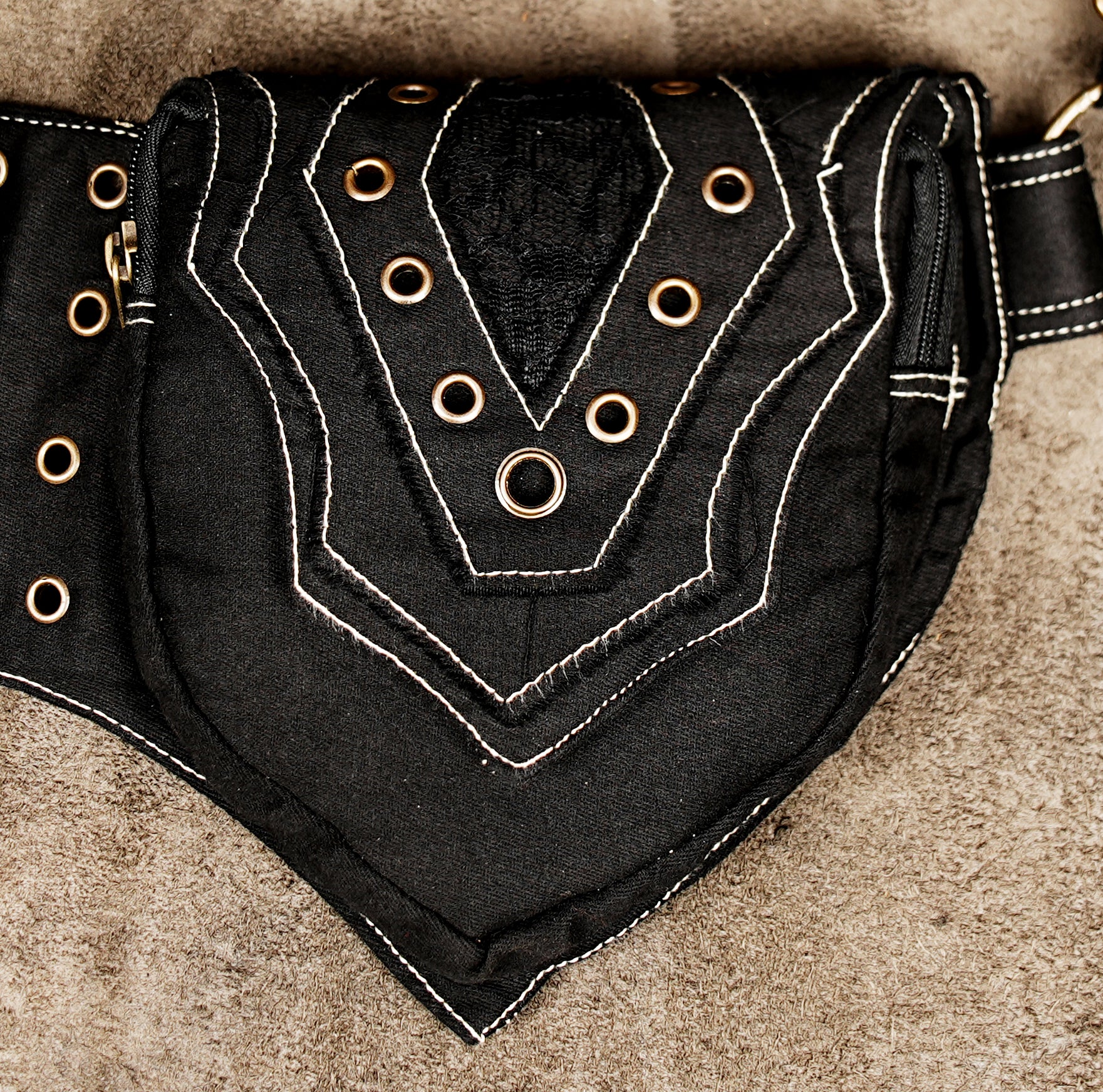 Handmade black cotton hip bag with adjustable strap and D-rings