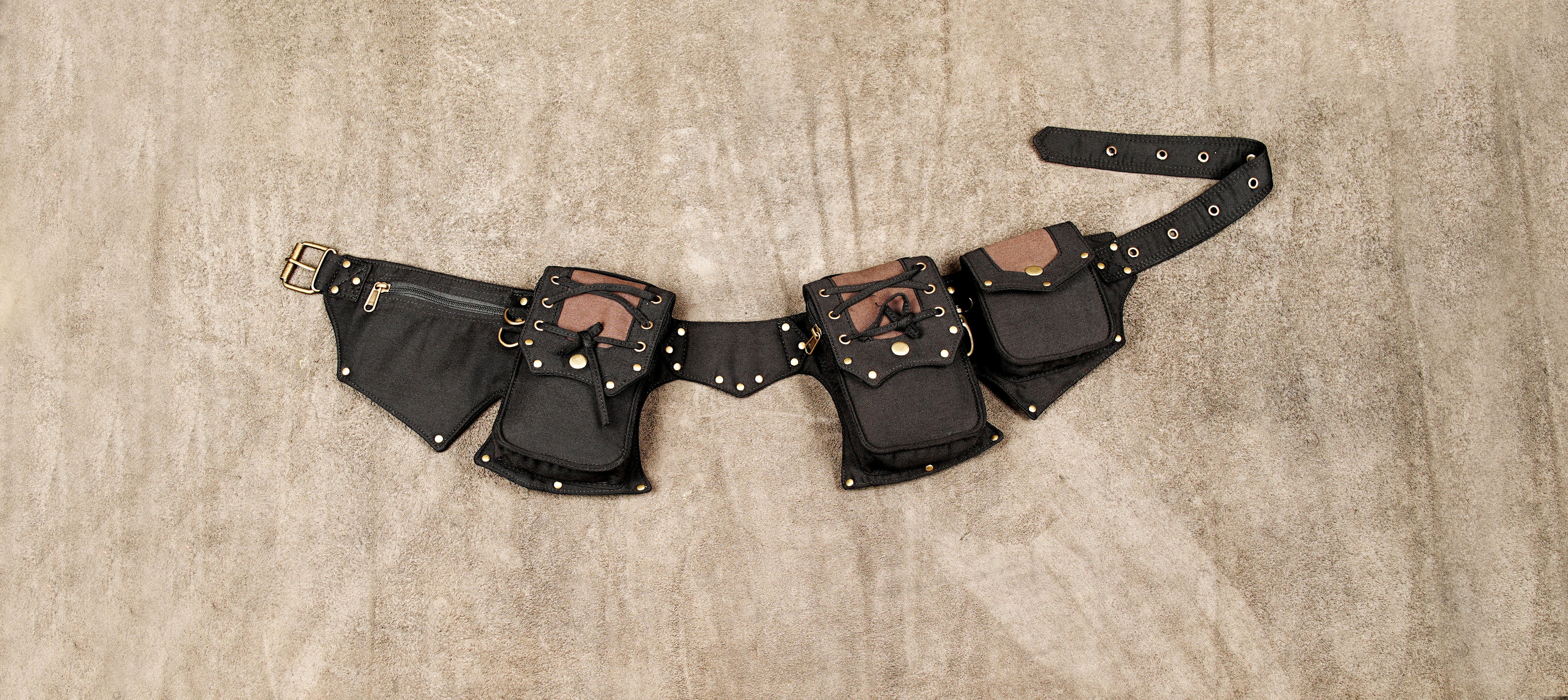Steampunk style cotton hip belt with lace-up pockets and brass buckle