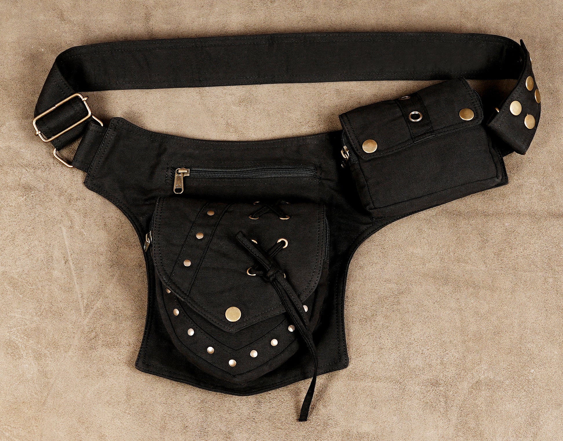 Black cotton belt bag ideal for concerts, hikes, or urban use