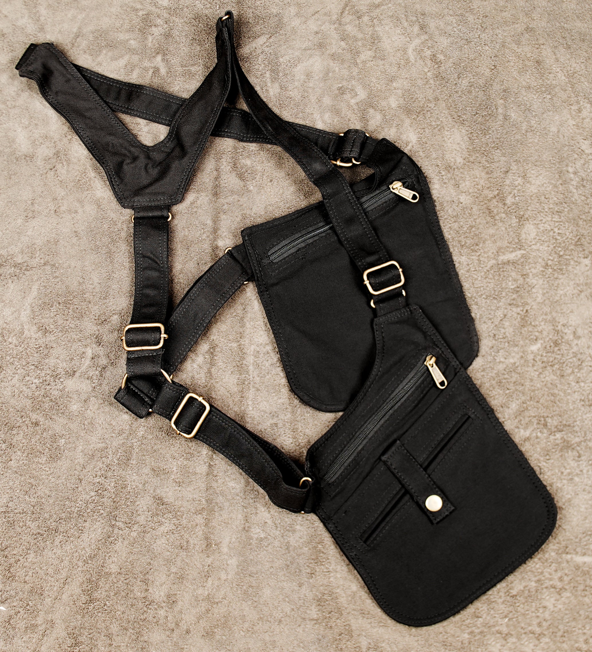 Boho black cotton shoulder holster harness bag with side pockets