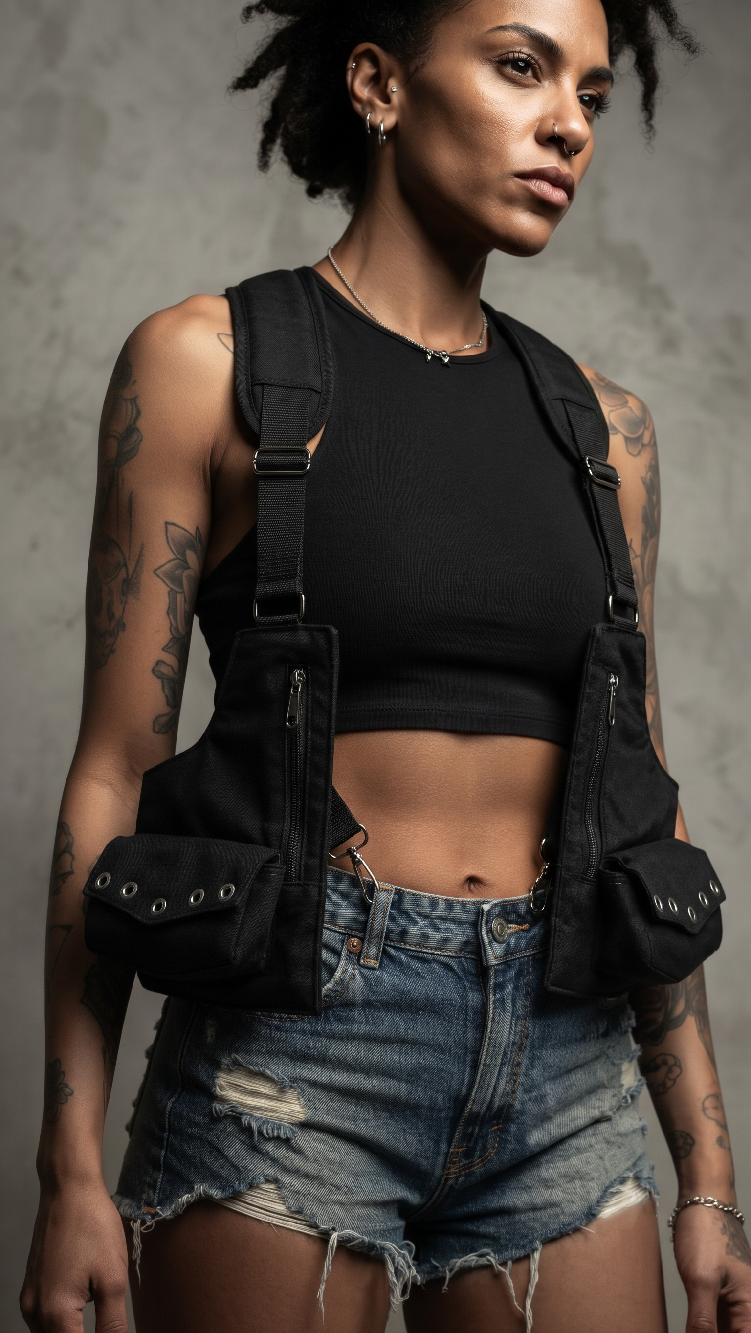 Black utility harness holster bag with zipper pockets and detachable clip strap