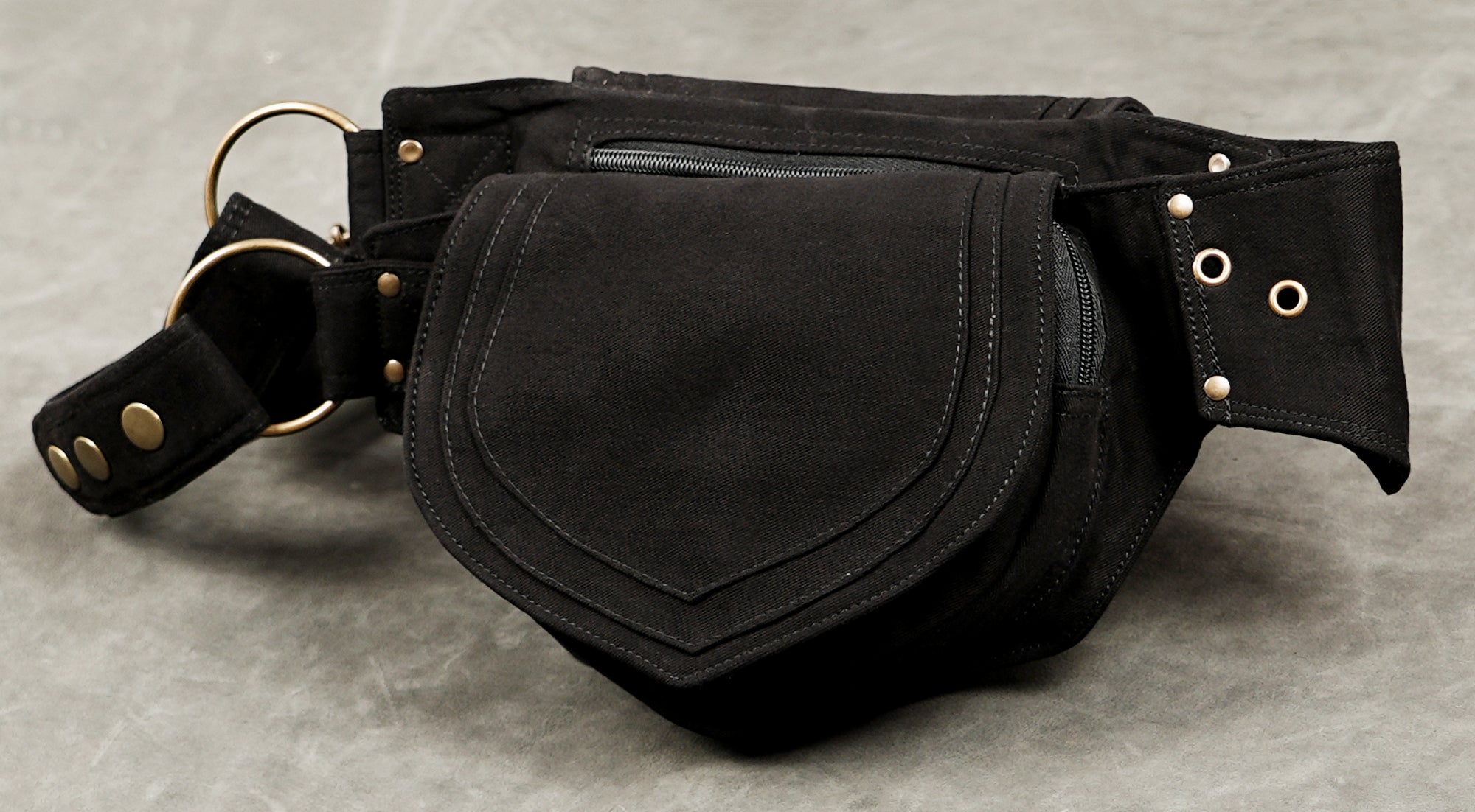Black cotton canvas hip pouch with dual zippered storage pockets